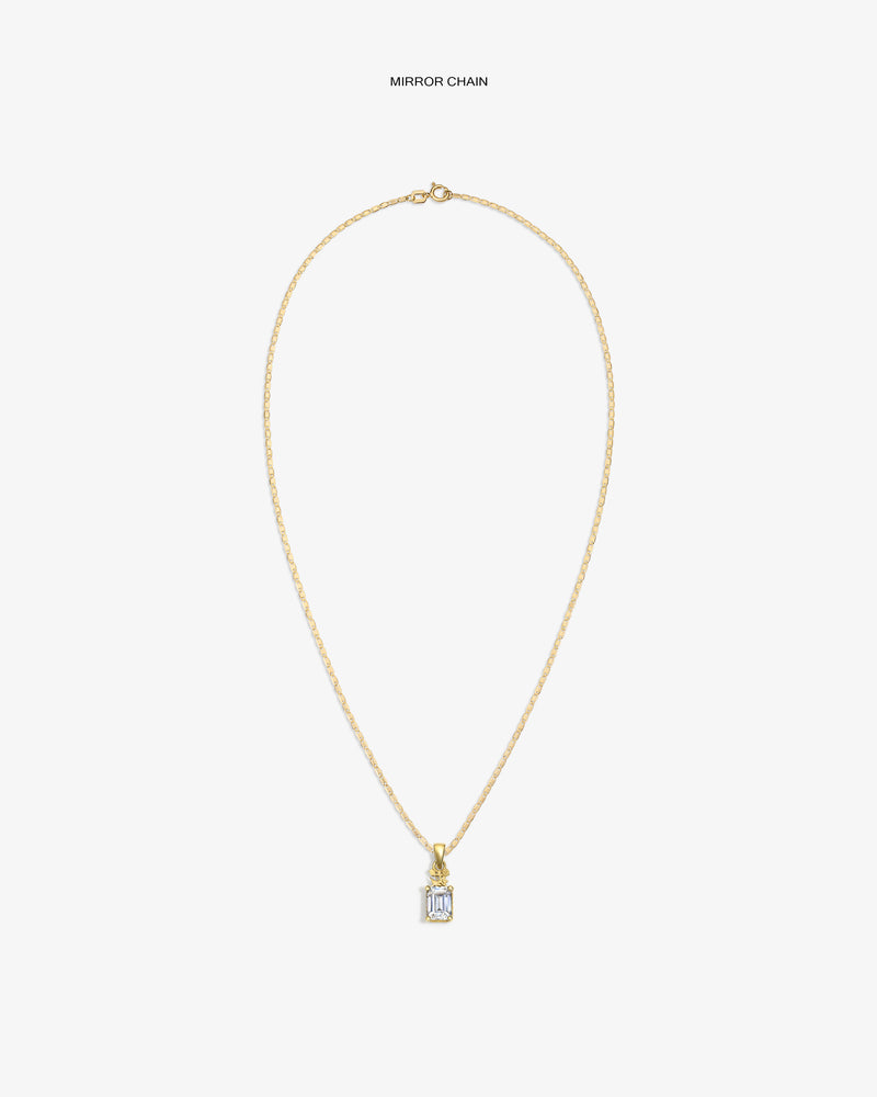 14Kt Gold Crest Gemstone Pendant with rectangular clear stone, shown on a white background.