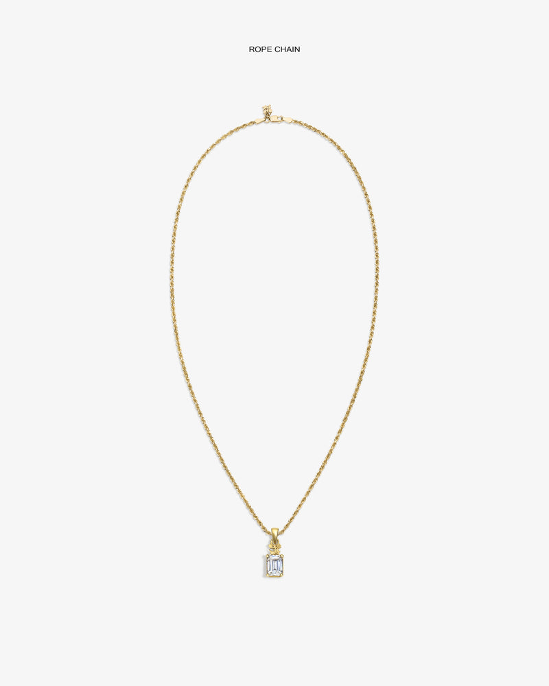 14Kt Gold Crest Gemstone Pendant on rope chain, rectangular with clear gem, shown against a white background.