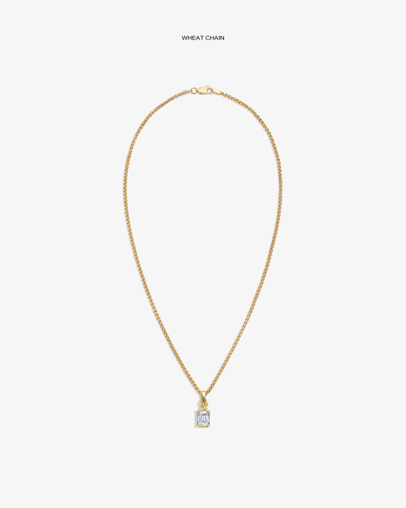 14Kt Gold Crest Gemstone Pendant on a wheat chain, shown with a clear gemstone and rectangular design on white background.