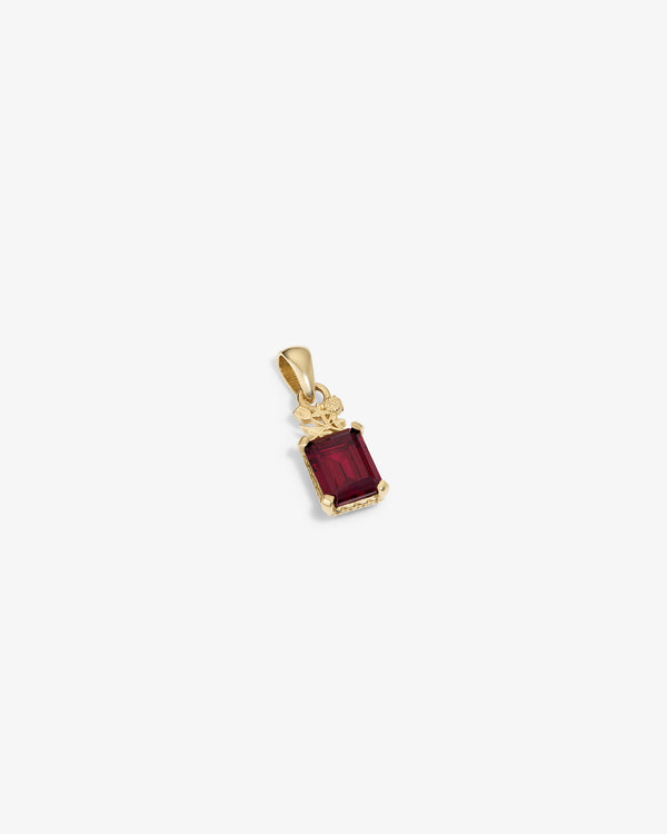 14Kt Gold Crest Pendant featuring a rectangular red gemstone and decorative top detail, on a white background.