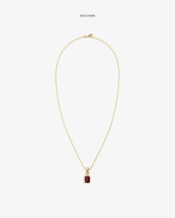 14Kt Gold Crest Gemstone Pendant with rectangular red stone on box chain, shown on white background.