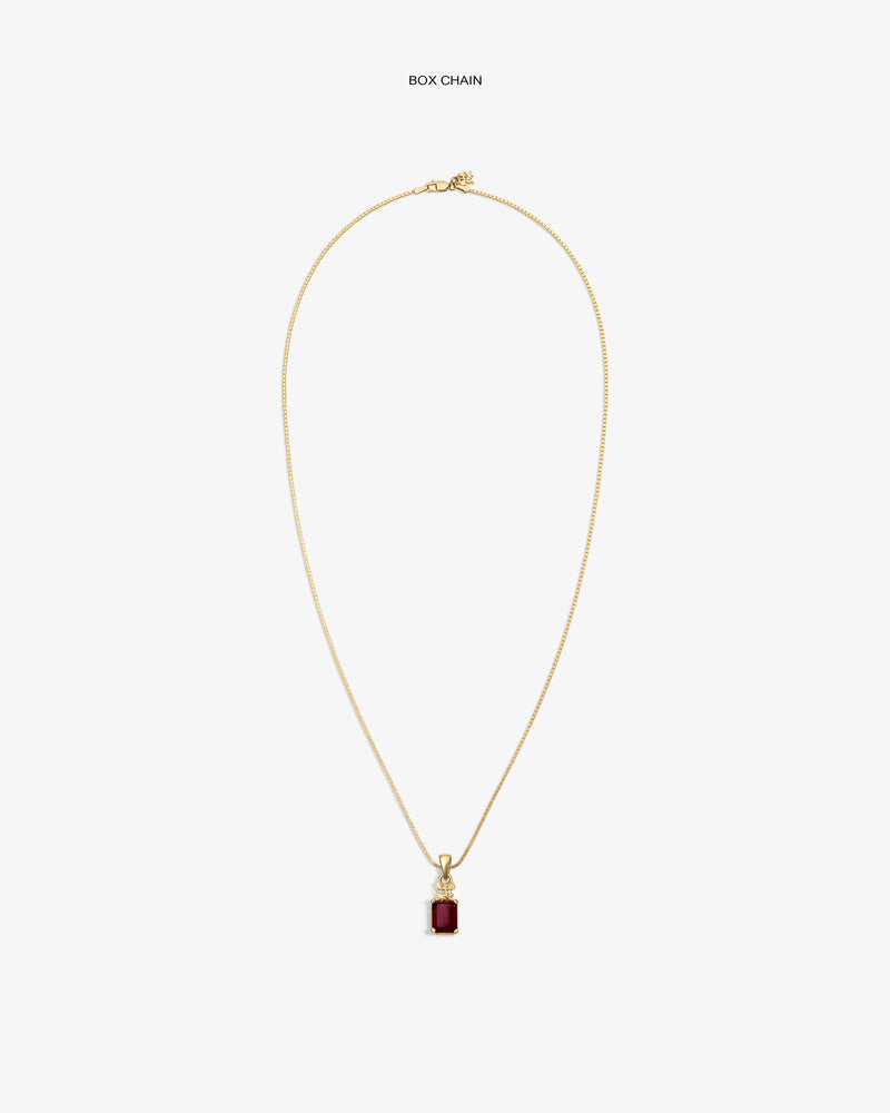 14Kt Gold Crest Gemstone Pendant with rectangular red stone on box chain, shown on white background.
