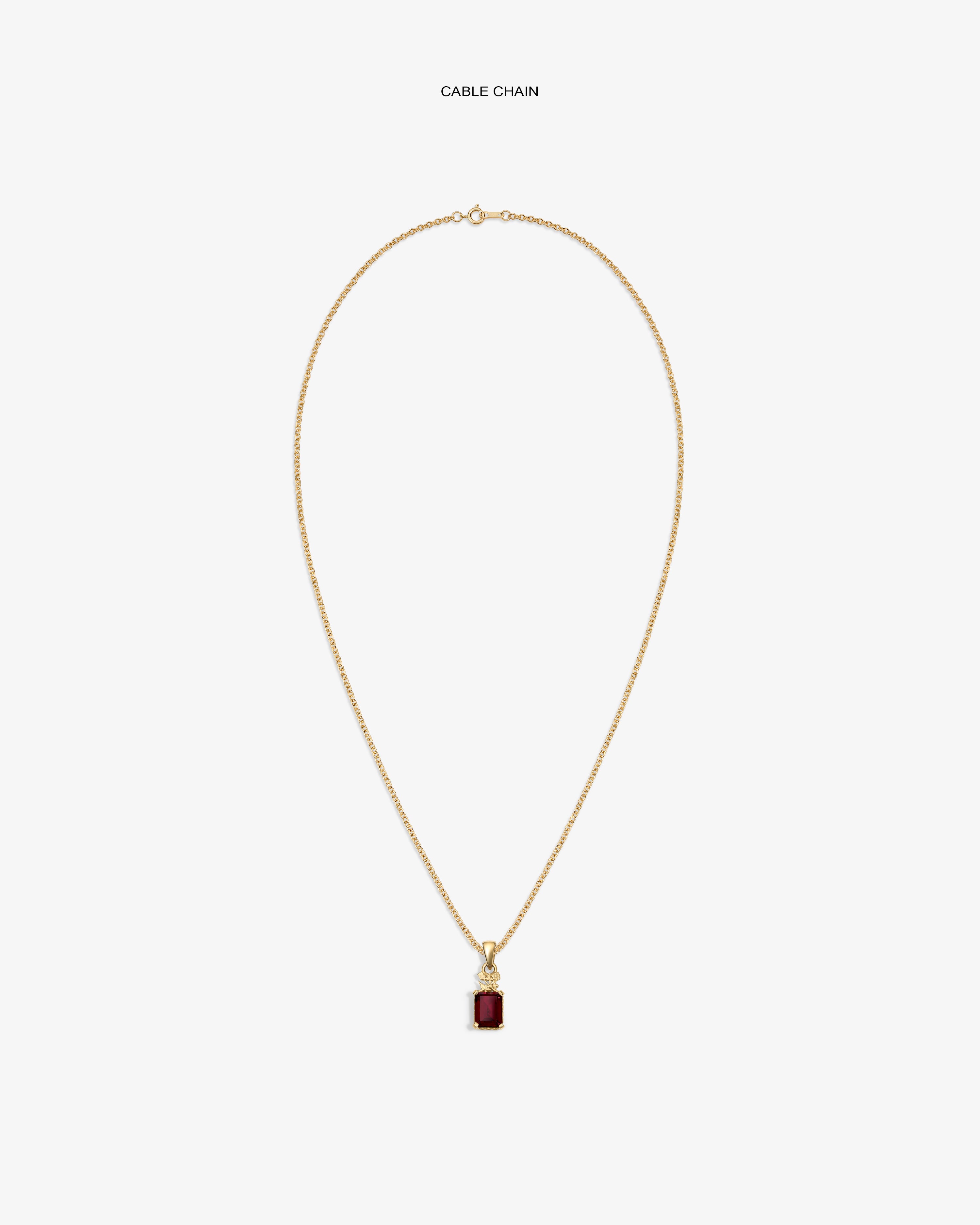 14Kt Gold Crest Gemstone Pendant necklace on a plain white background, featuring a rectangular red gemstone.
