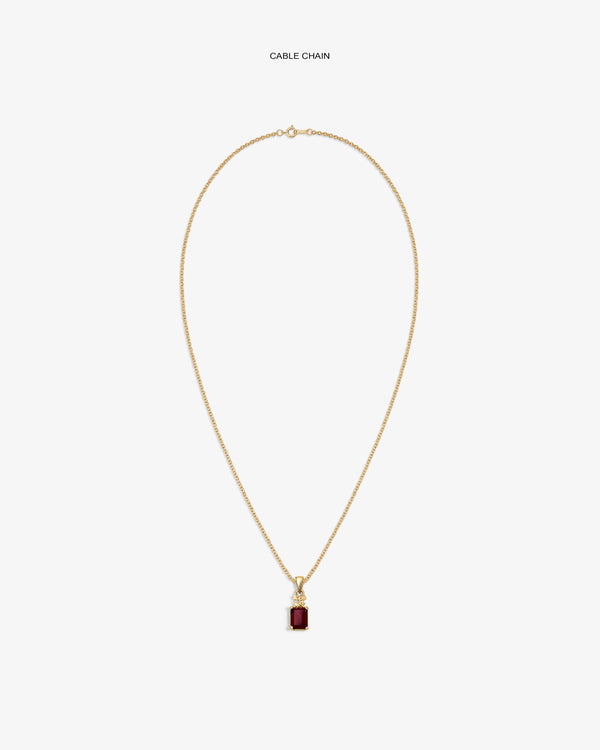 14Kt Gold Crest Gemstone Pendant necklace on a plain white background, featuring a rectangular red gemstone.