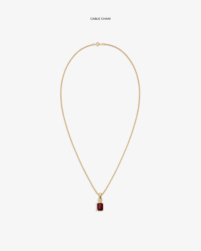 14Kt Gold Crest Gemstone Pendant necklace on a plain white background, featuring a rectangular red gemstone.
