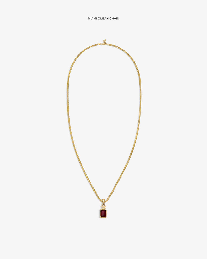14Kt Gold Crest Gemstone Pendant necklace with a red stone, shown on a white background.