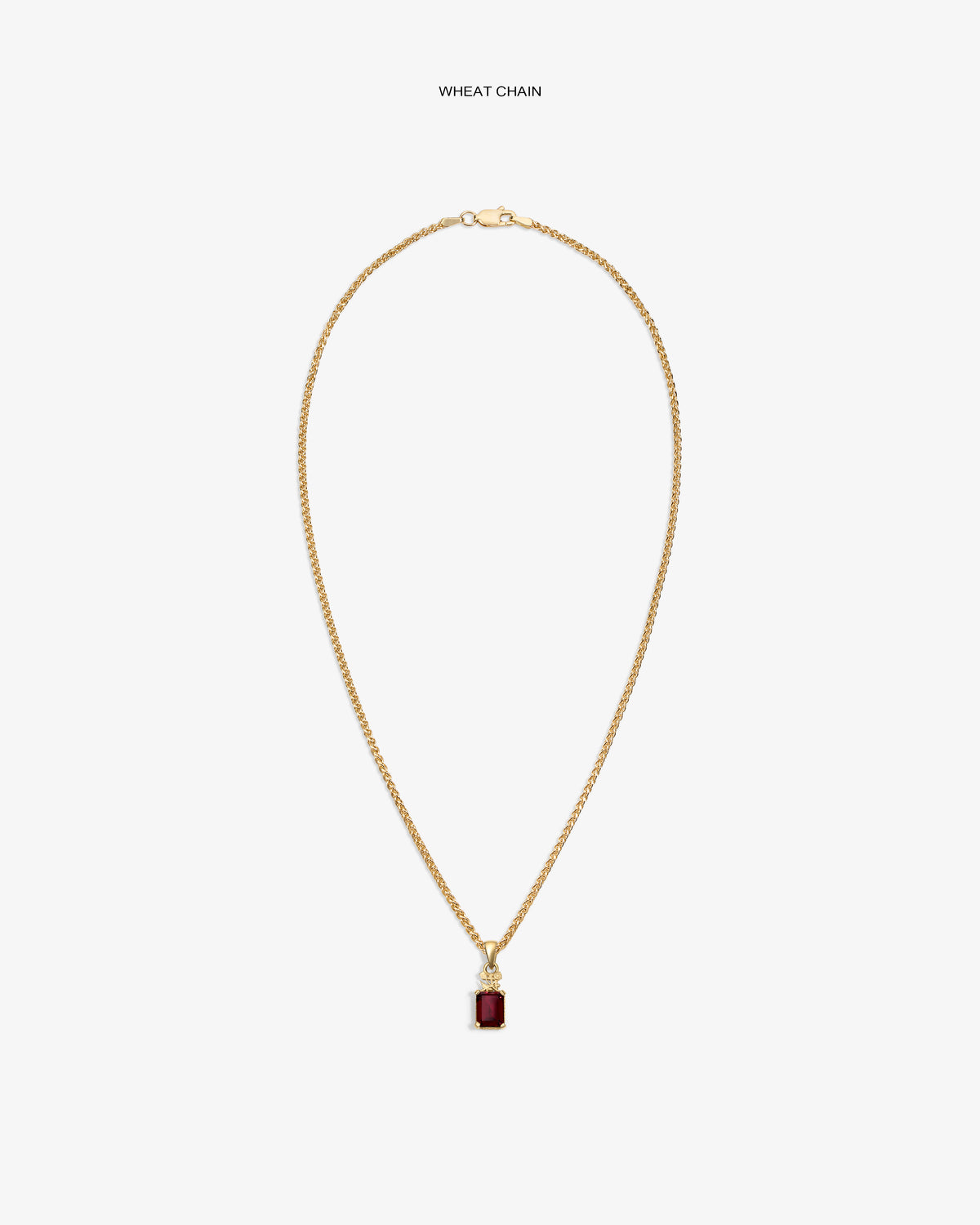 14Kt Gold Crest Gemstone Pendant on wheat chain, featuring a rectangular red stone, shown on a white background.