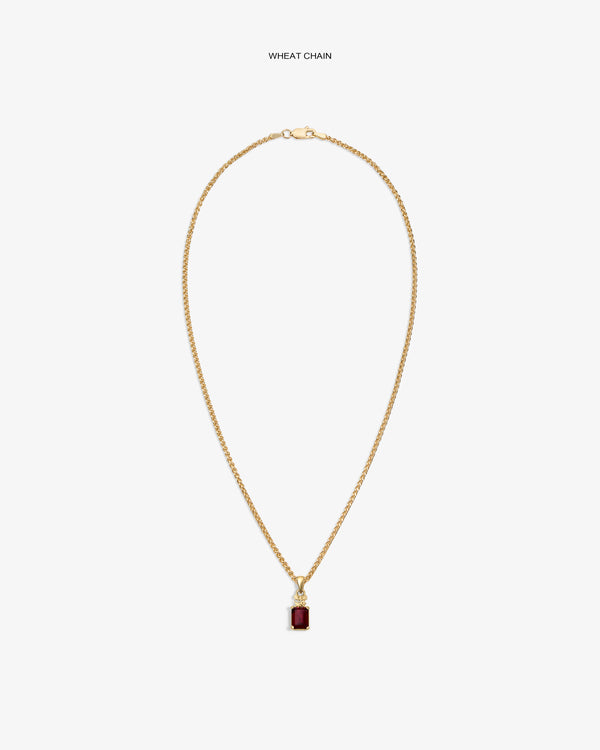 14Kt Gold Crest Gemstone Pendant on wheat chain, featuring a rectangular red stone, shown on a white background.