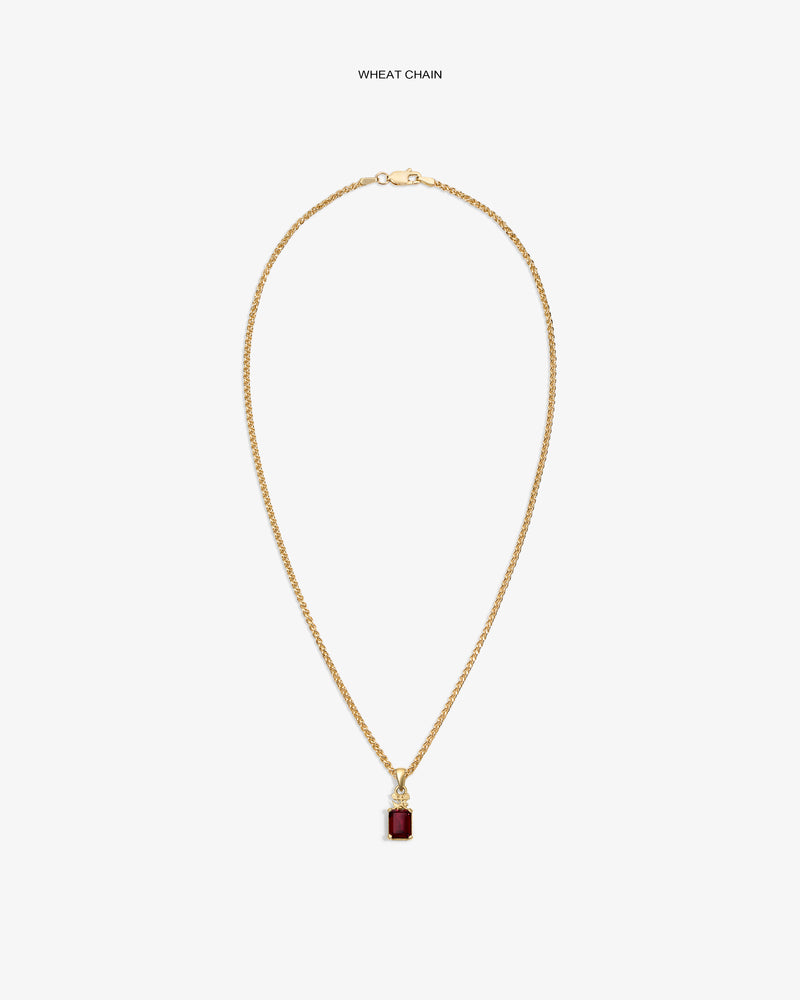 14Kt Gold Crest Gemstone Pendant on wheat chain, featuring a rectangular red stone, shown on a white background.