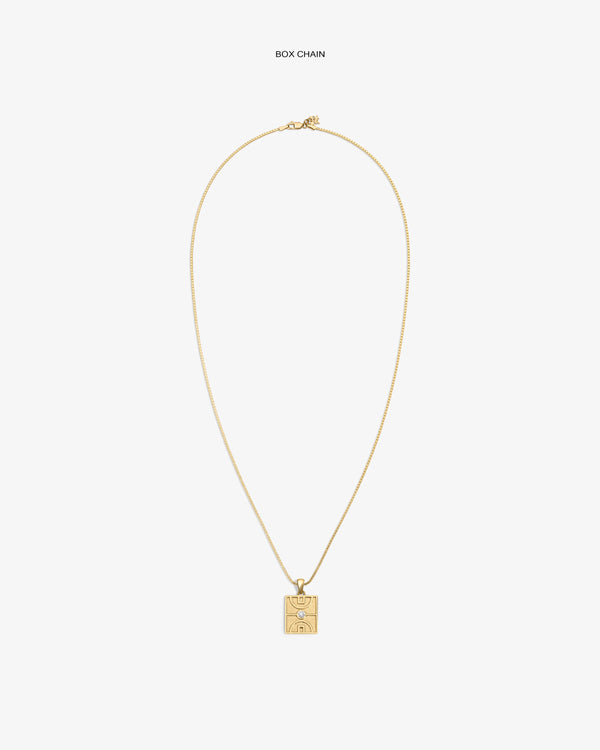 14Kt Gold Diamond Court Pendant on a box chain, shown against a plain white background.