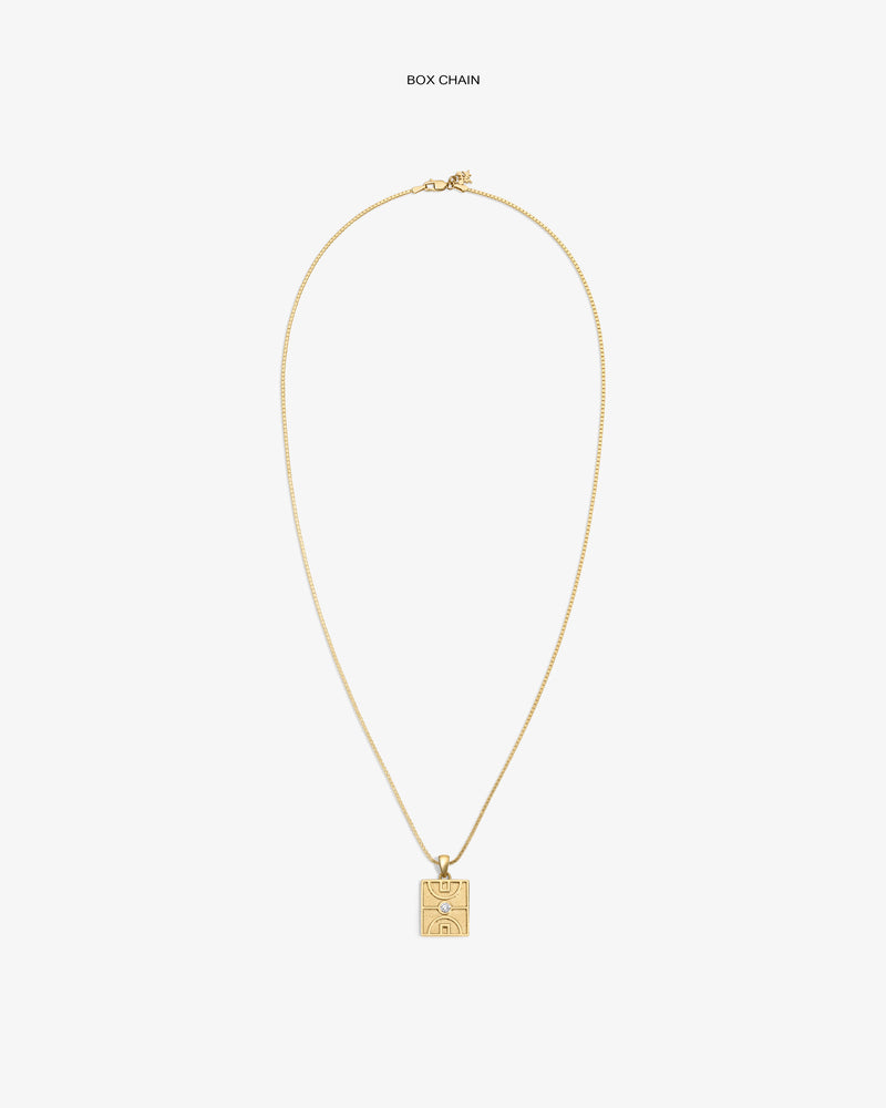 14Kt Gold Diamond Court Pendant on a box chain, shown against a plain white background.