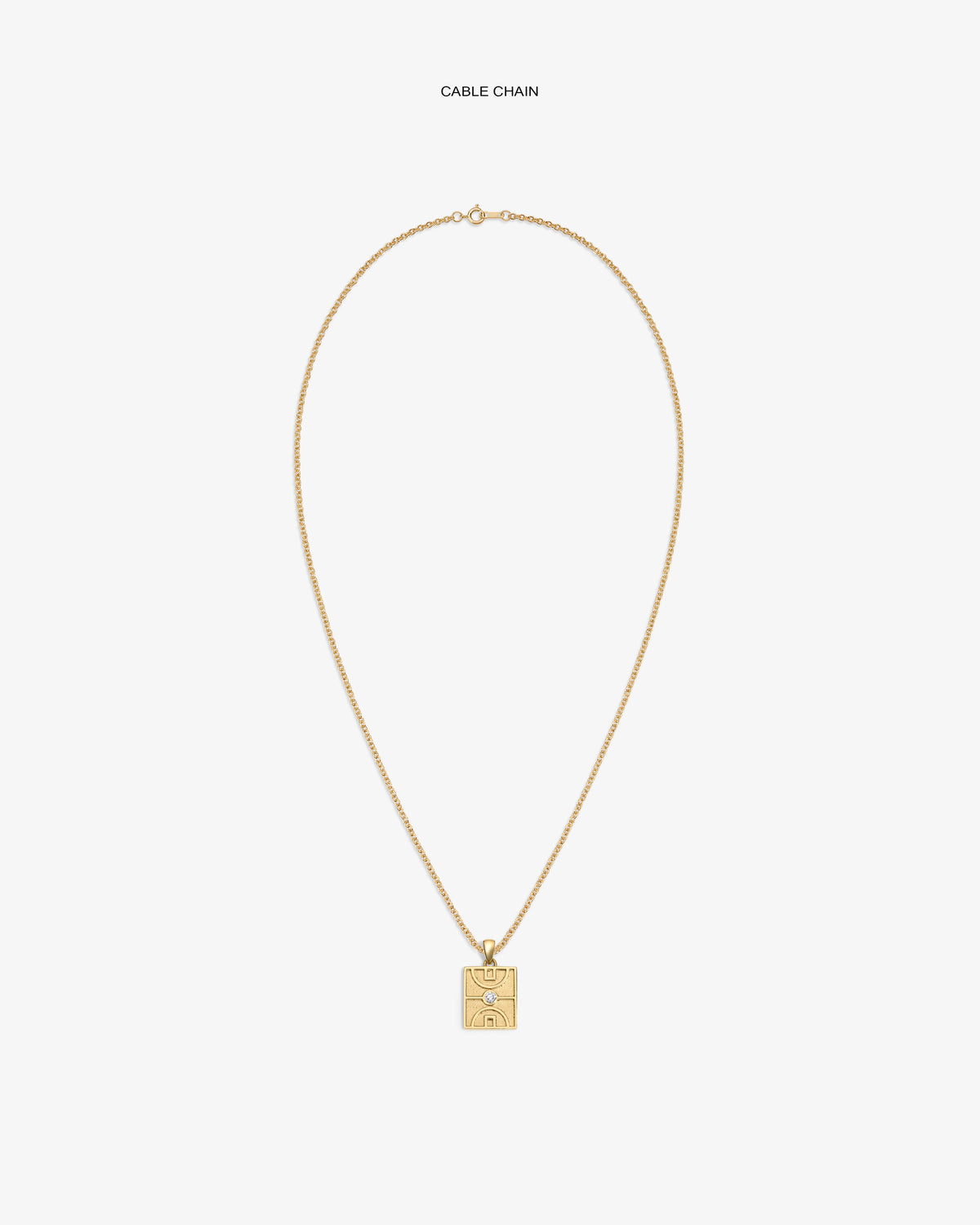 14Kt Gold Diamond Court Pendant on a cable chain, rectangular with engraved design, shown on white background.