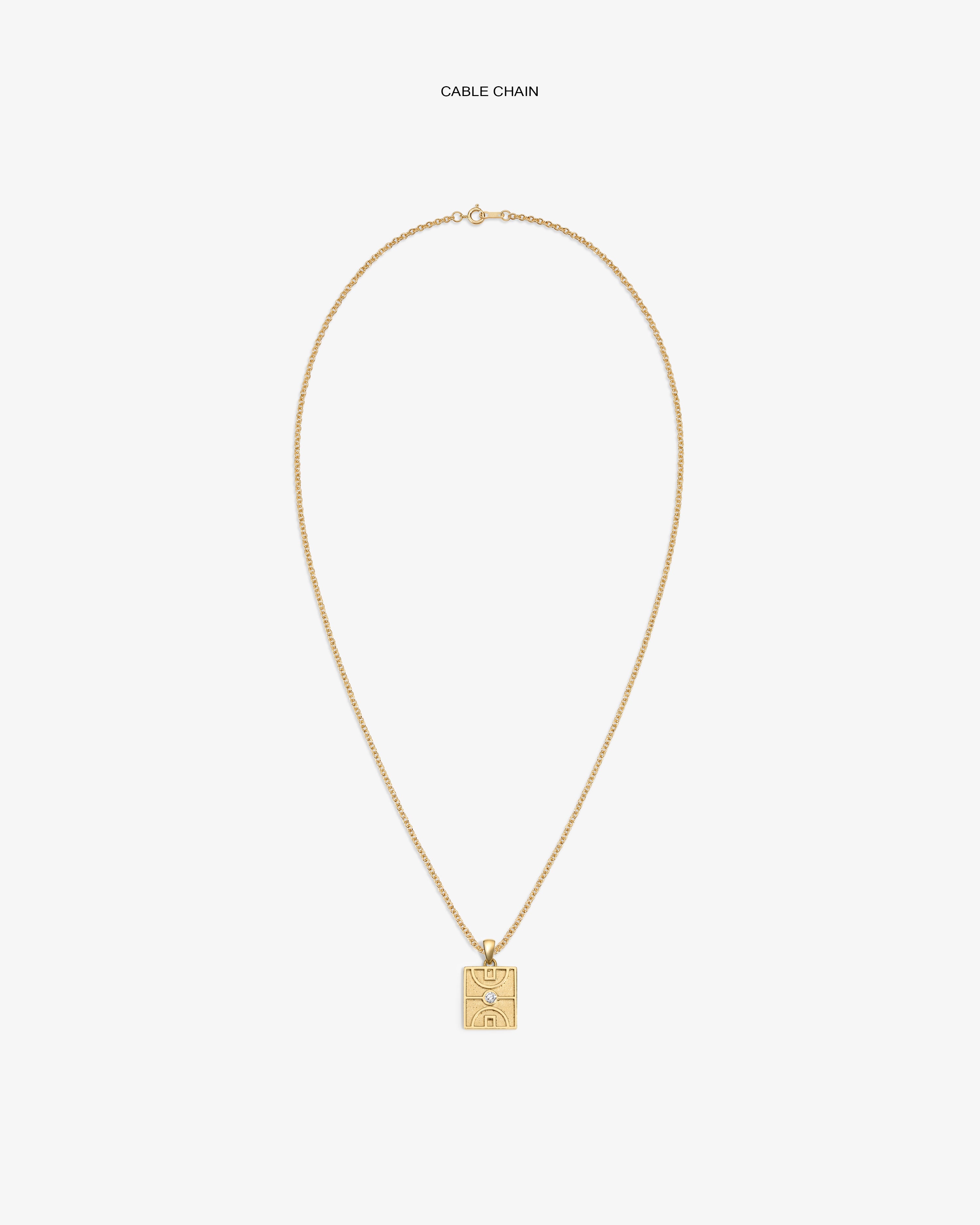 14Kt Gold Diamond Court Pendant on a cable chain, rectangular with engraved design, shown on white background.
