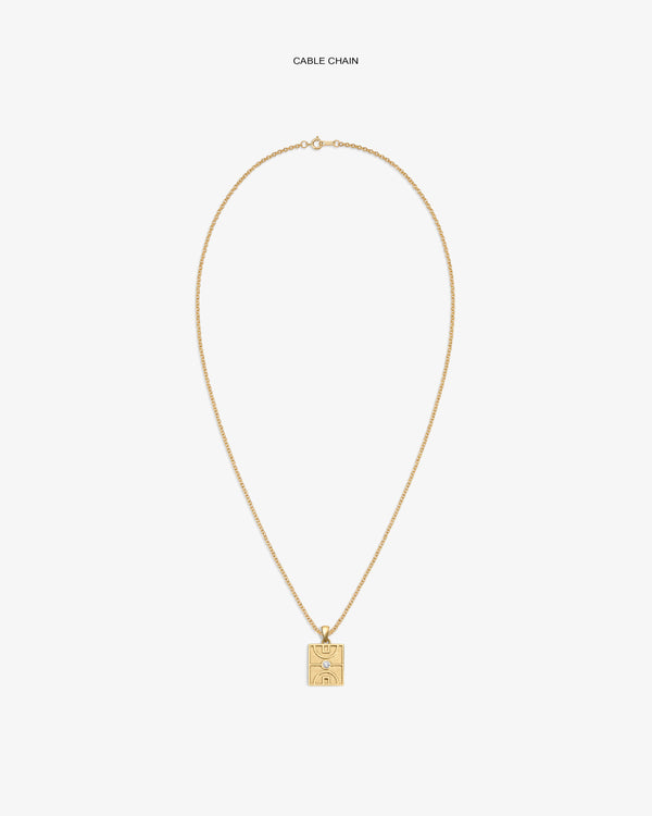14Kt Gold Diamond Court Pendant on a cable chain, rectangular with engraved design, shown on white background.