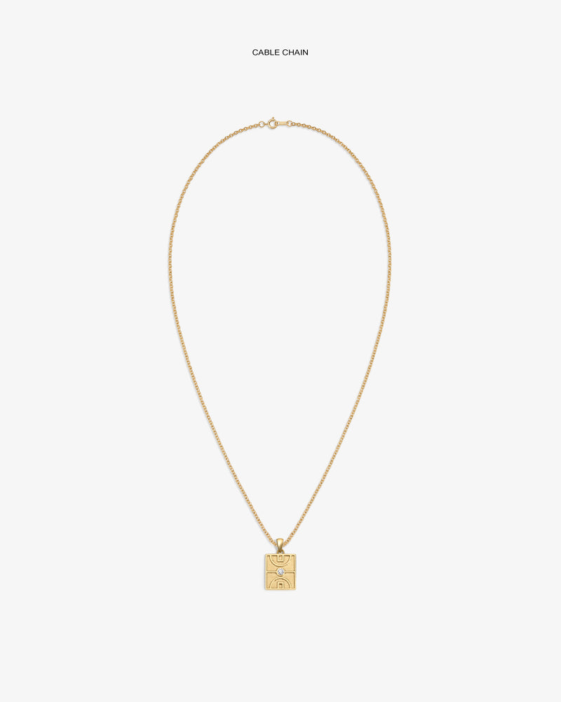 14Kt Gold Diamond Court Pendant on a cable chain, rectangular with engraved design, shown on white background.