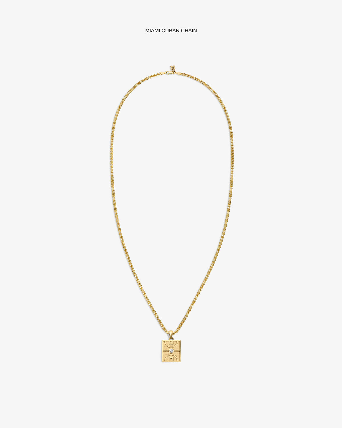 14Kt Gold Diamond Court Pendant on a Miami Cuban chain, shown against a plain white background.