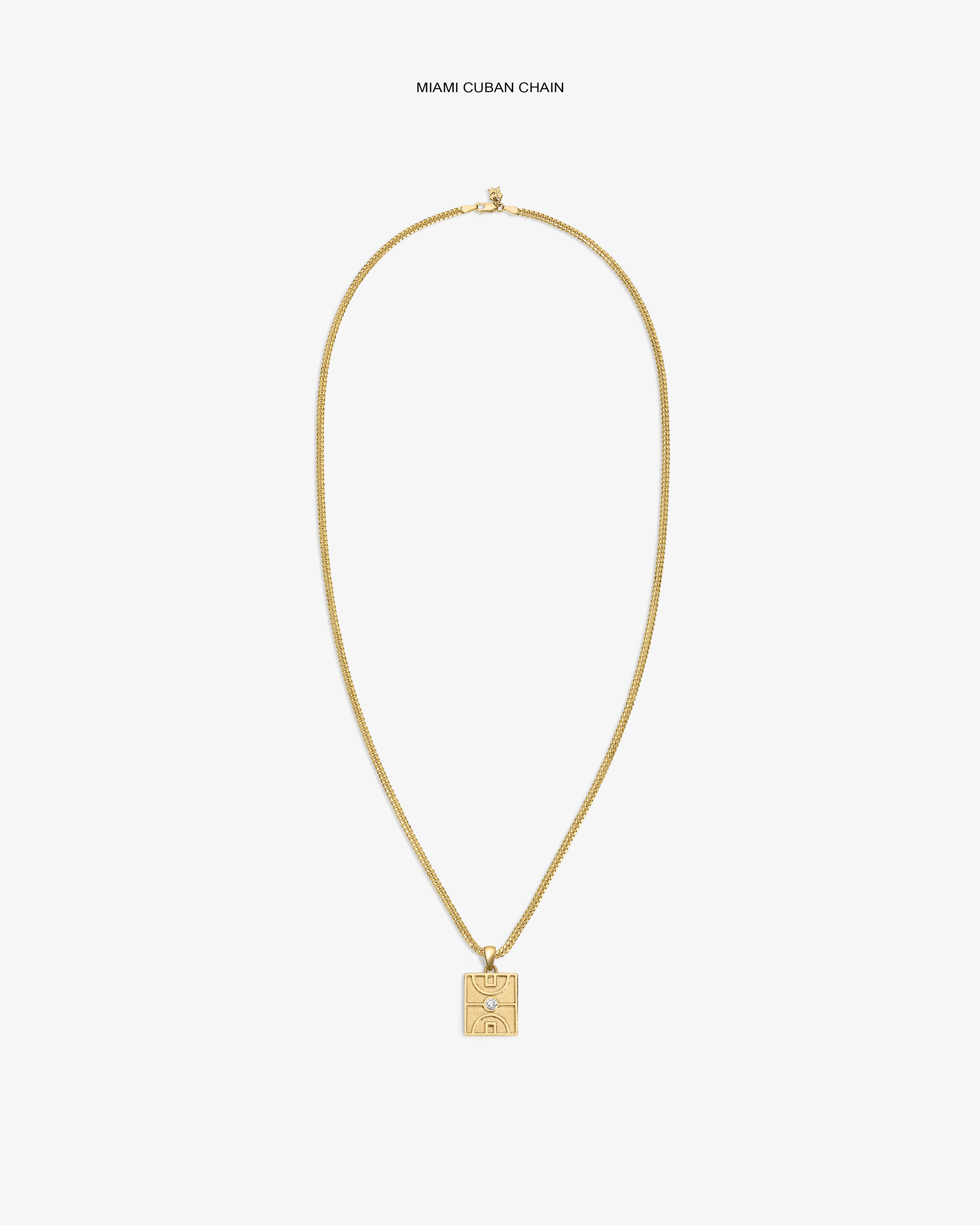 14Kt Gold Diamond Court Pendant on a Miami Cuban chain, shown against a plain white background.