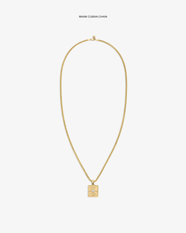 14Kt Gold Diamond Court Pendant on a Miami Cuban chain, shown against a plain white background.