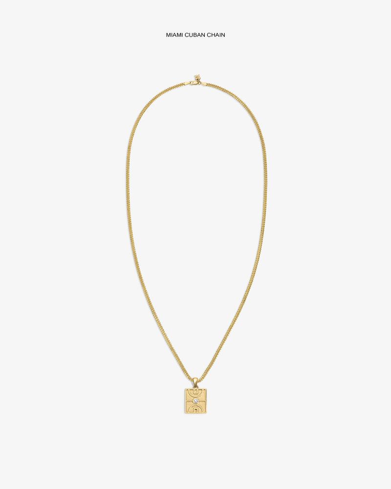 14Kt Gold Diamond Court Pendant on a Miami Cuban chain, shown against a plain white background.