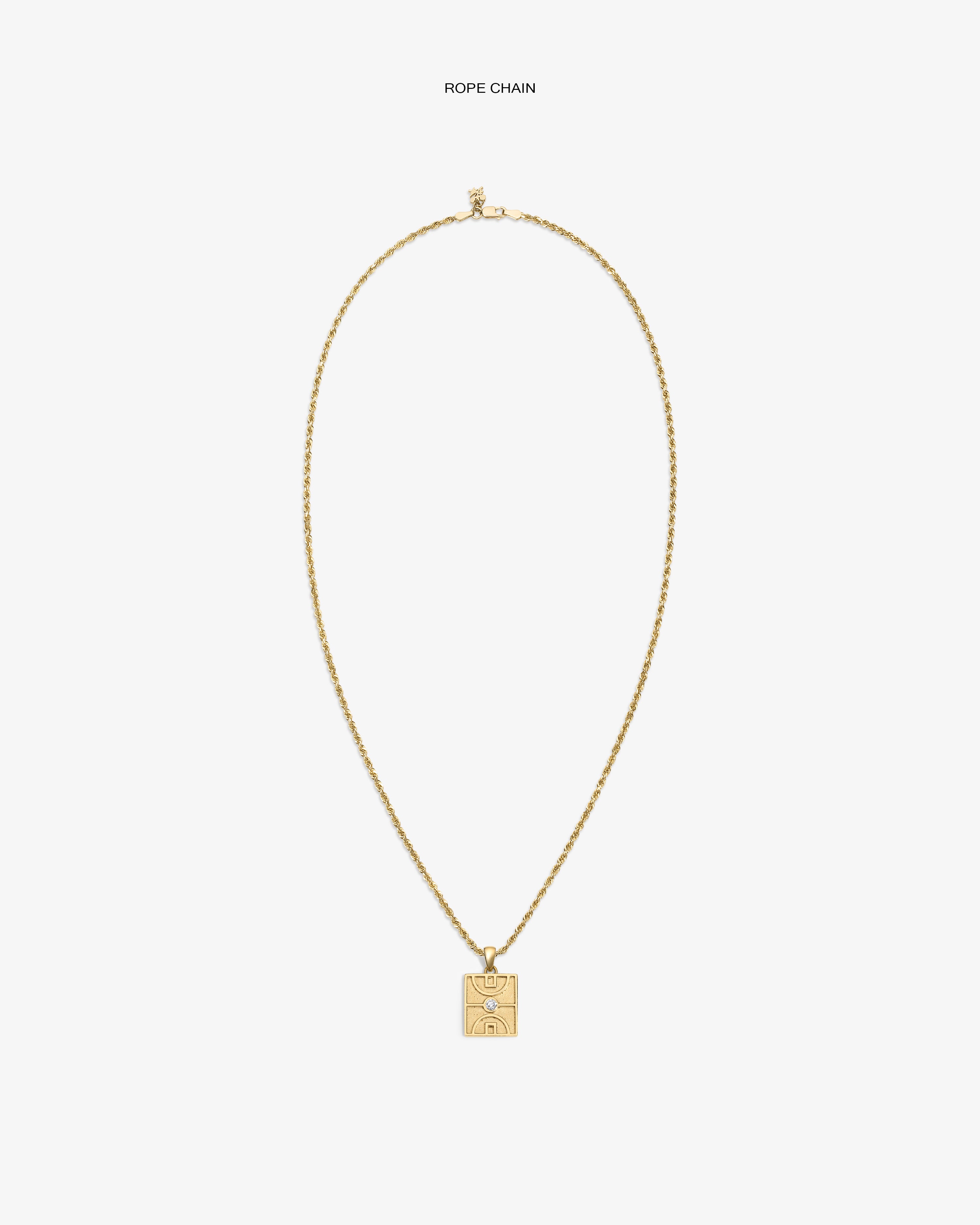 14Kt Gold Diamond Court Pendant necklace with engraved design, shown on white background.