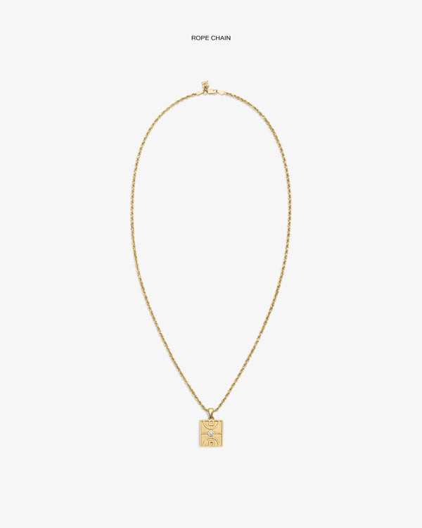 14Kt Gold Diamond Court Pendant necklace with engraved design, shown on white background.