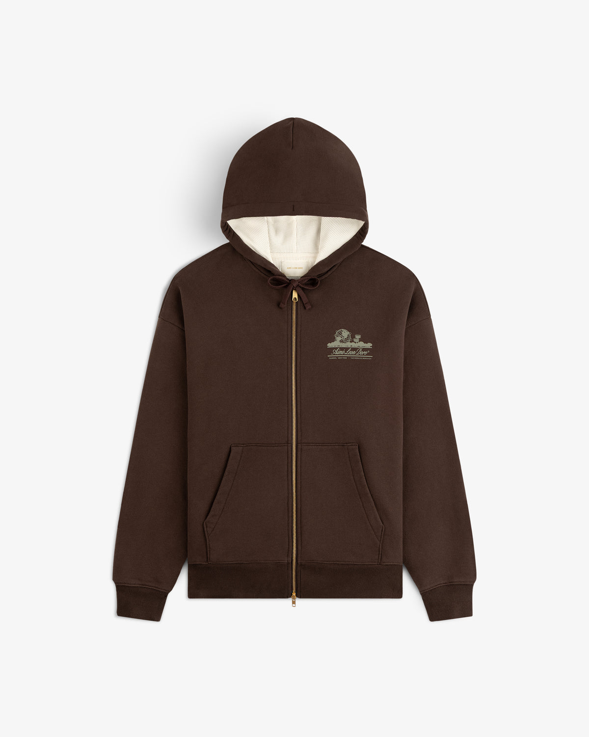Unisphere Waffle Lined Full-Zip Hoodie in brown with cream lining and chest embroidery, displayed flat on white.