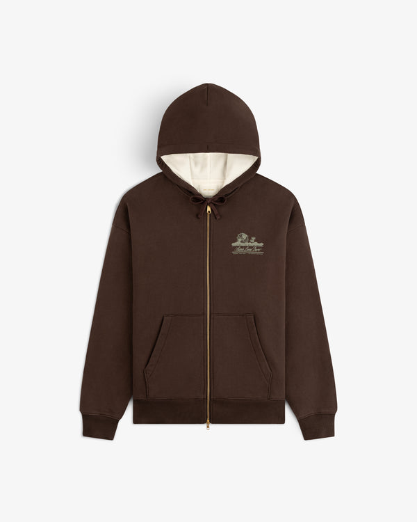 Unisphere Waffle Lined Full-Zip Hoodie in brown with cream lining and chest embroidery, displayed flat on white.