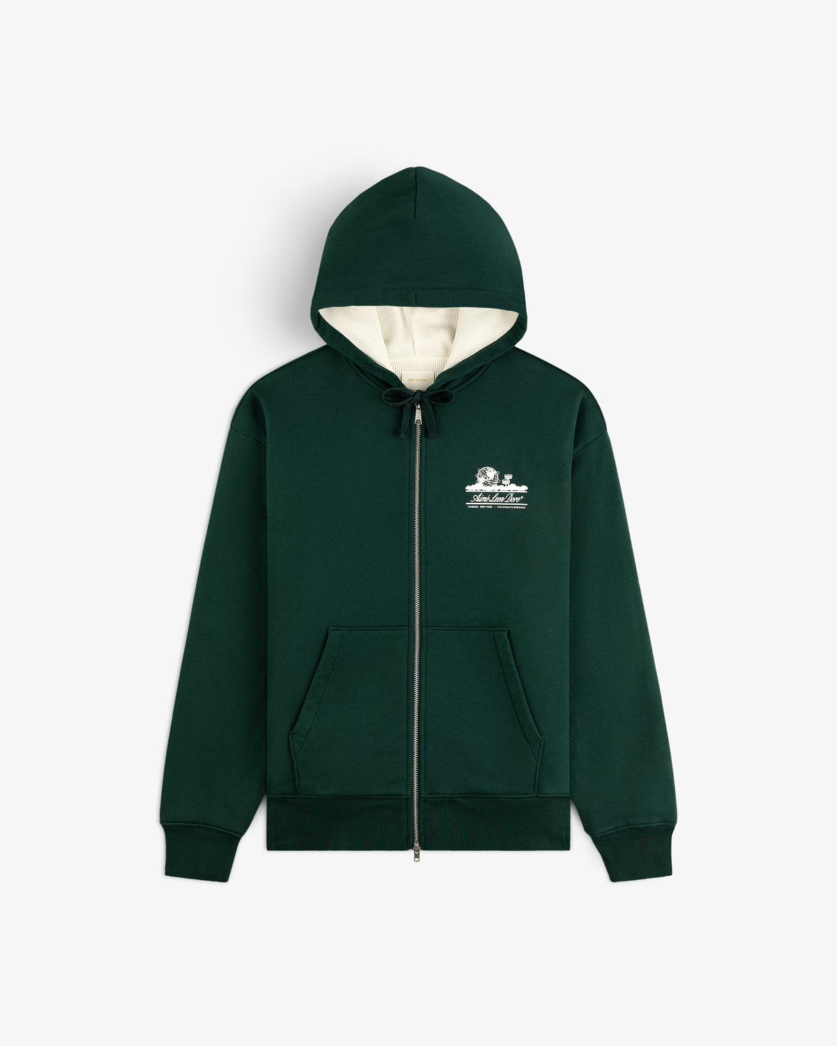 Unisphere Waffle Lined Full-Zip Hoodie in dark green with front pockets, white hood lining, and small white chest graphic.