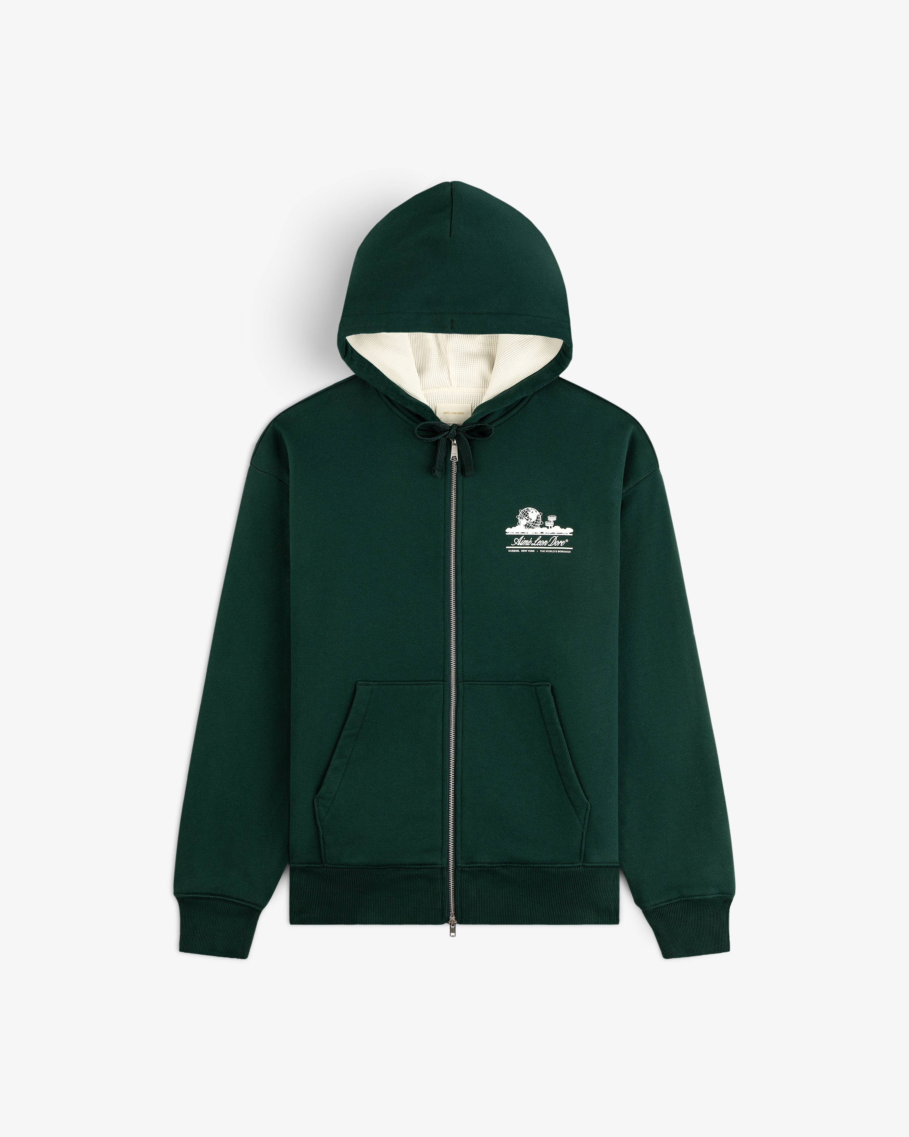 Unisphere Waffle Lined Full-Zip Hoodie in dark green with front pockets, white hood lining, and small white chest graphic.