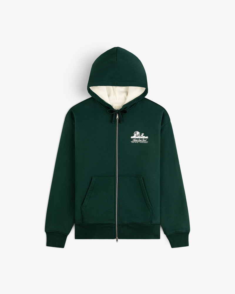 Unisphere Waffle Lined Full-Zip Hoodie in dark green with front pockets, white hood lining, and small white chest graphic.