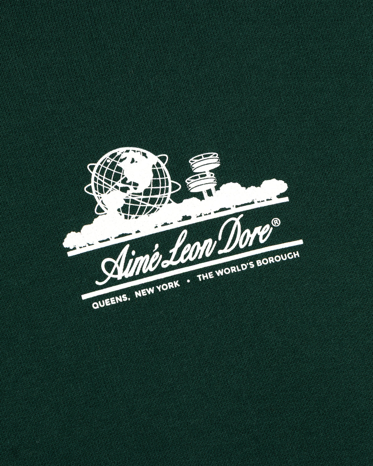 White Unisphere globe and Aimé Leon Dore Queens NY text on green Unisphere Waffle Lined Full-Zip Hoodie.