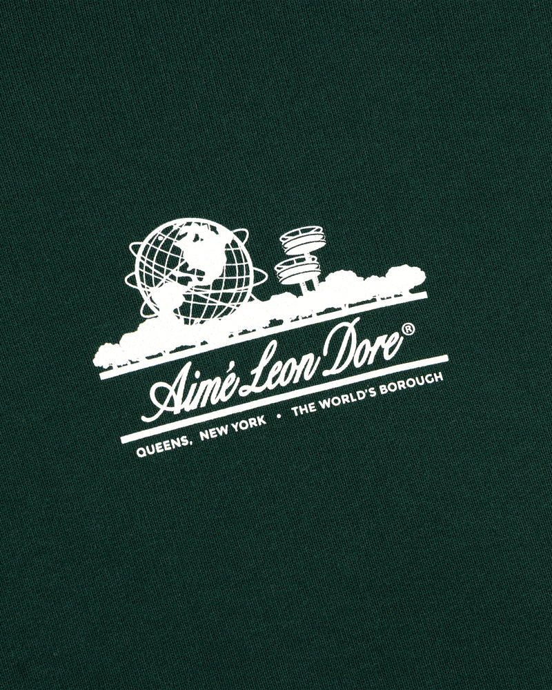 White Unisphere globe and Aimé Leon Dore Queens NY text on green Unisphere Waffle Lined Full-Zip Hoodie.