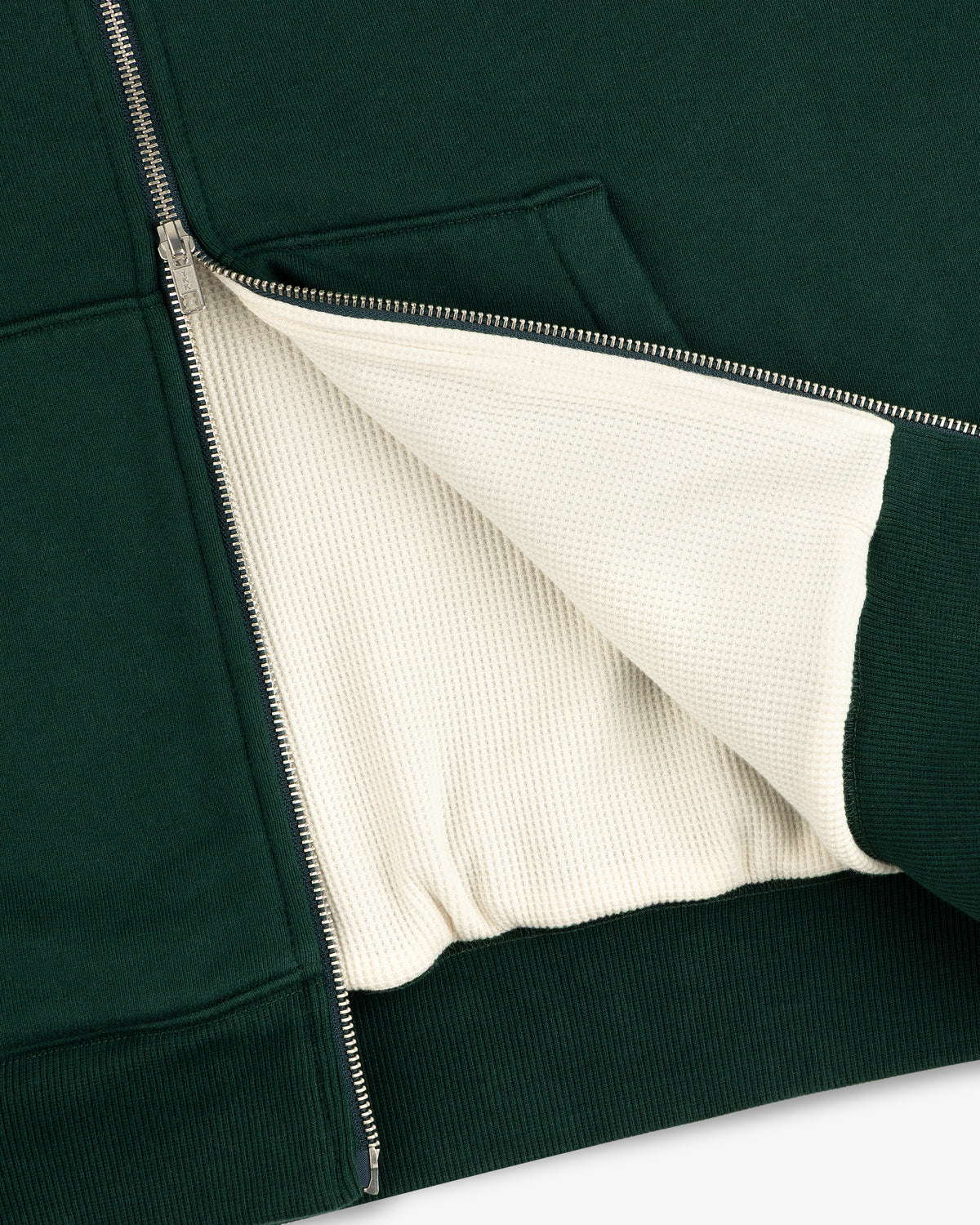 Unisphere Waffle Lined Full-Zip Hoodie unzipped, showing its textured cream waffle inner lining.