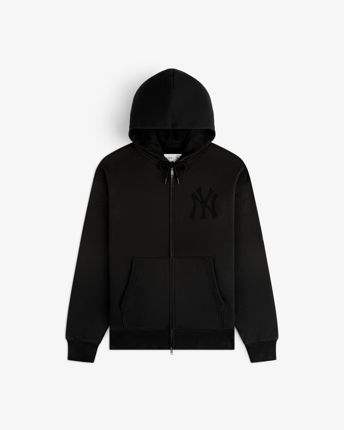 Yankees Washed Full-Zip Hoodie in black with front pocket, subtle NY logo on chest, shown on white background.