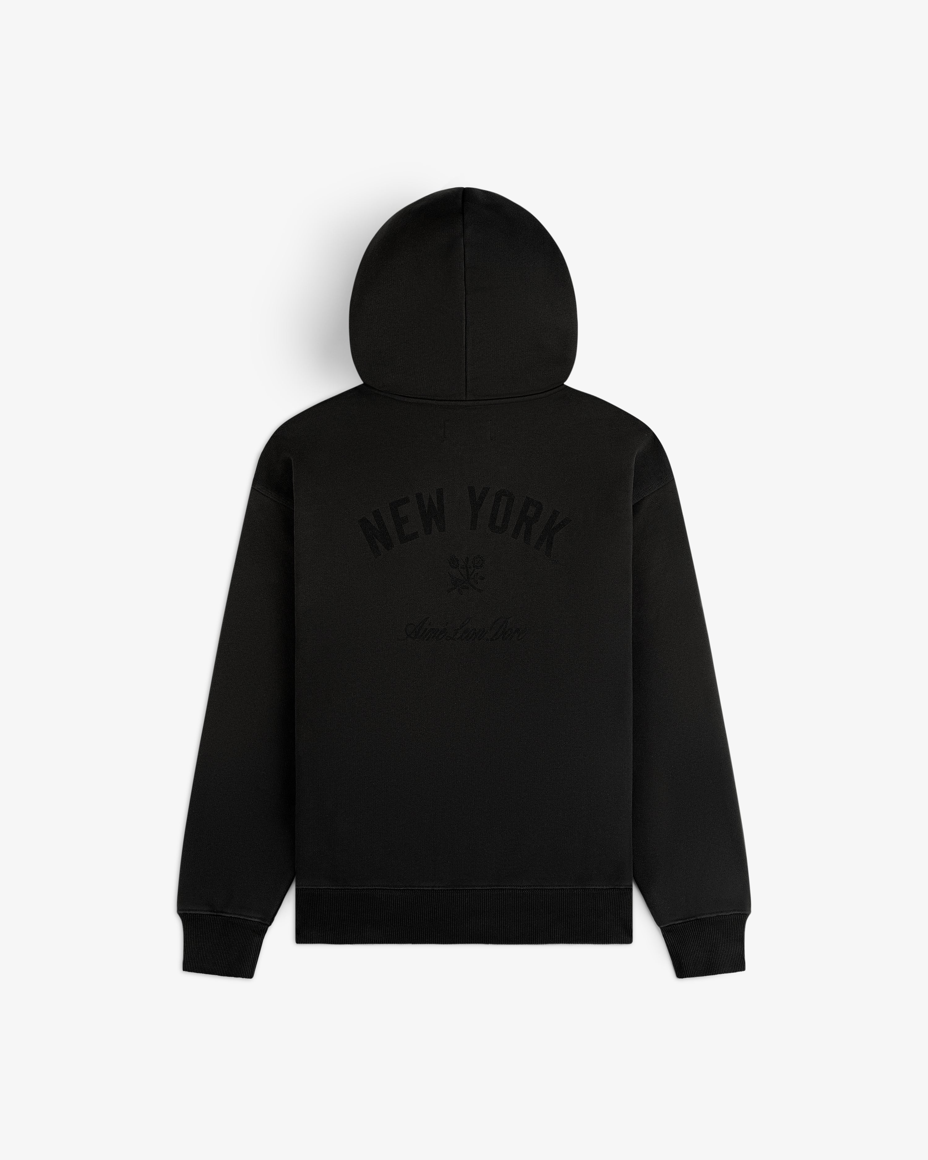 Yankees Washed Full-Zip Hoodie with NEW YORK and subtle text on the back, shown on a white background.