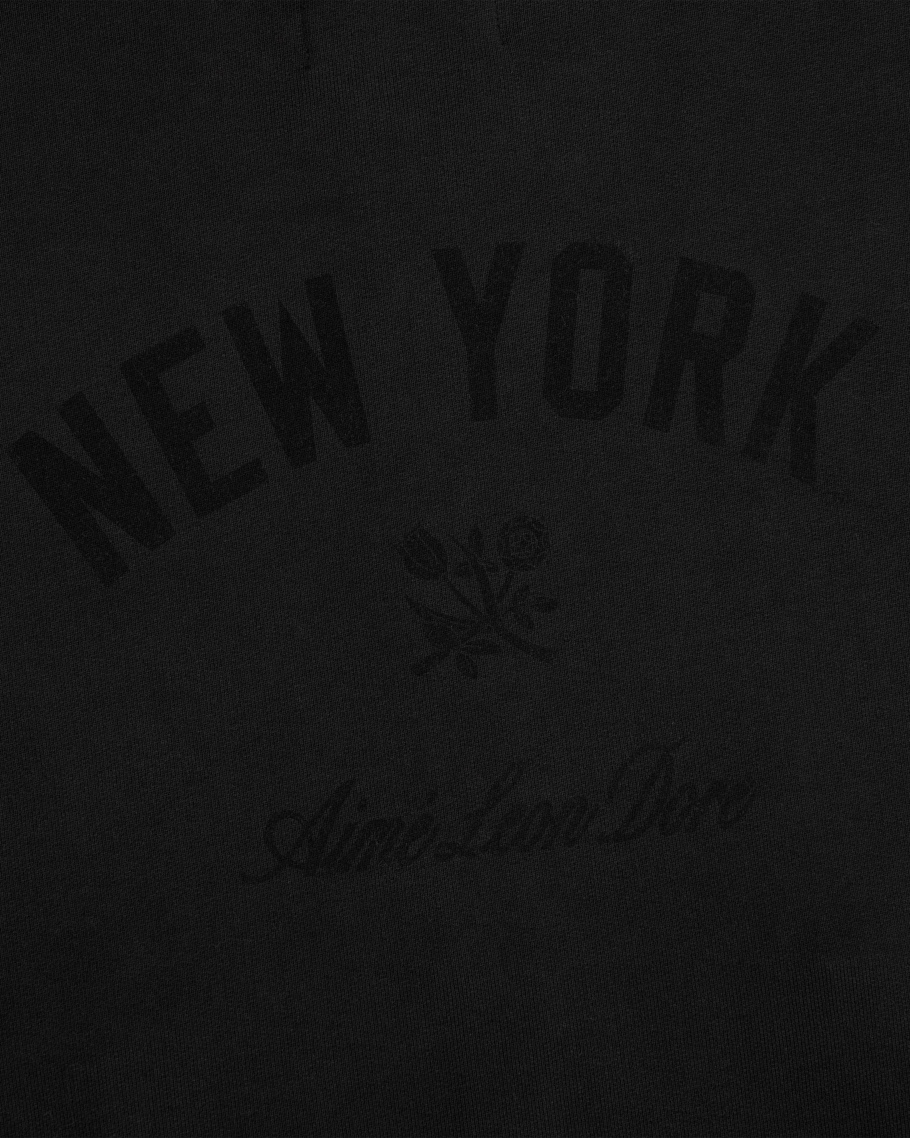 Yankees Washed Full-Zip Hoodie: Black with NEW YORK arched, two roses, and faint Aimé Leon Dore below.