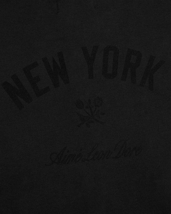 Yankees Washed Full-Zip Hoodie: Black with NEW YORK arched, two roses, and faint Aimé Leon Dore below.