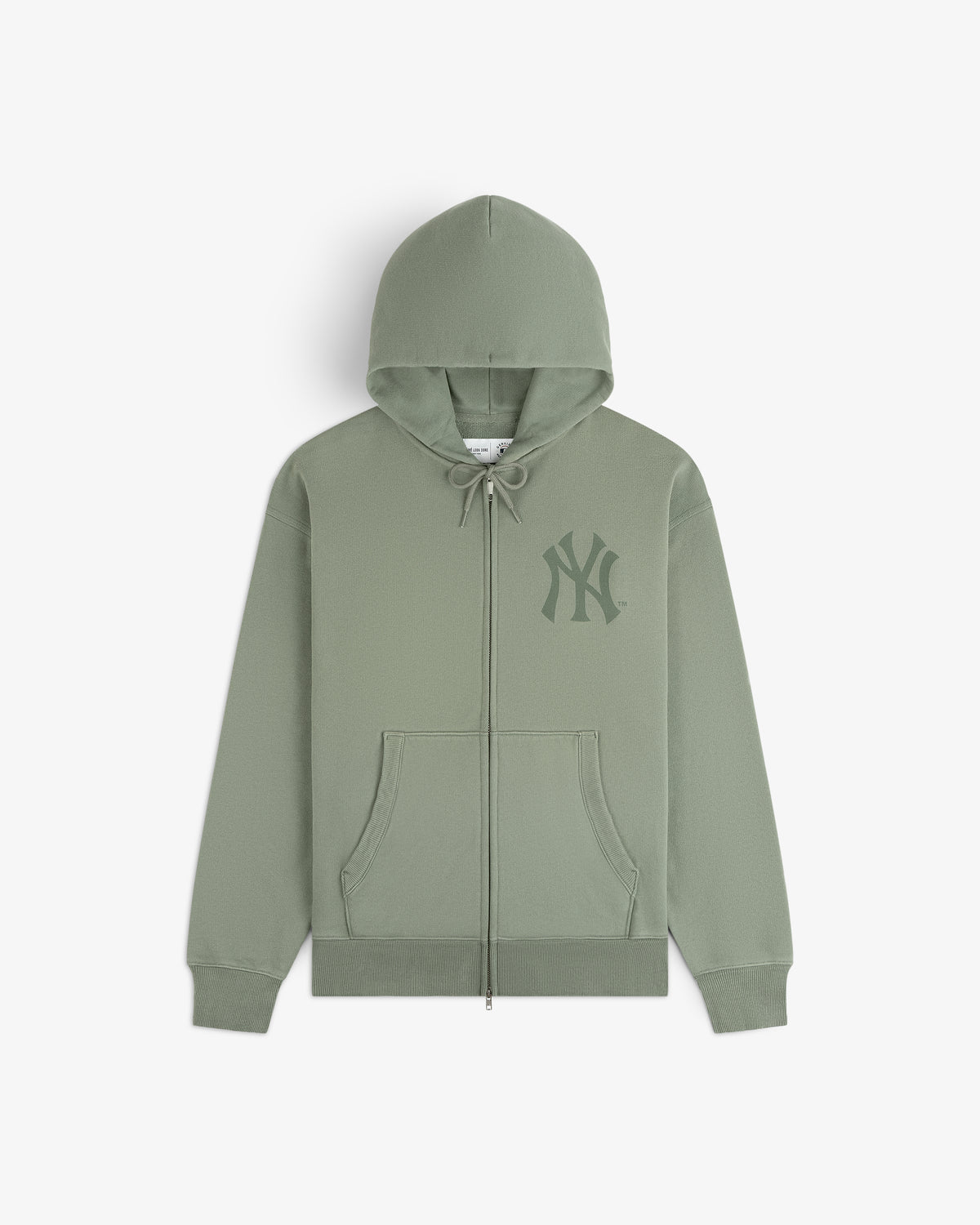 Yankees Washed Full-Zip Hoodie in light green with front pockets and NY Yankees logo on chest, shown flat on white.