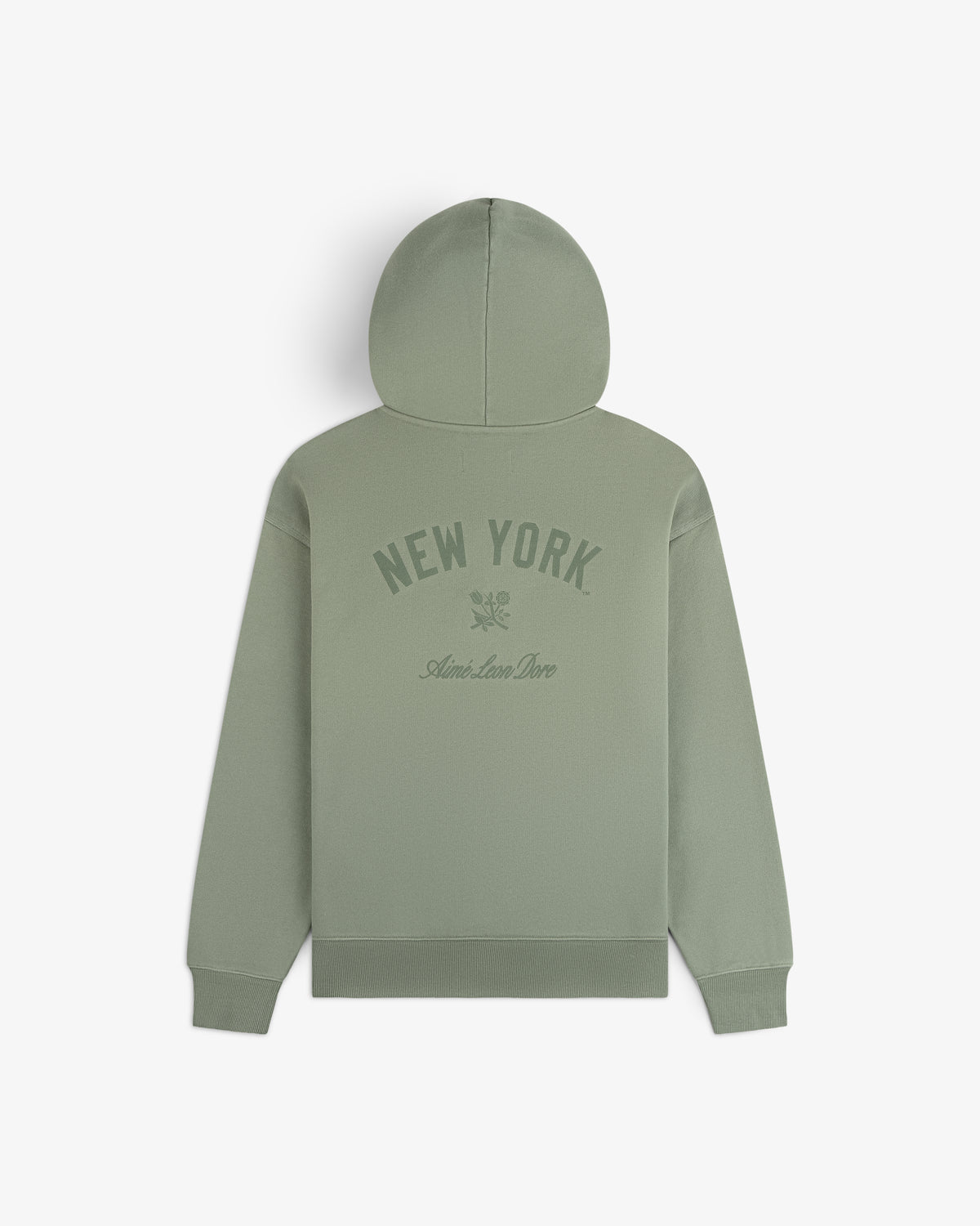 Yankees Washed Full-Zip Hoodie in sage green with NEW YORK and Ami de Coeur print, shown from the back.