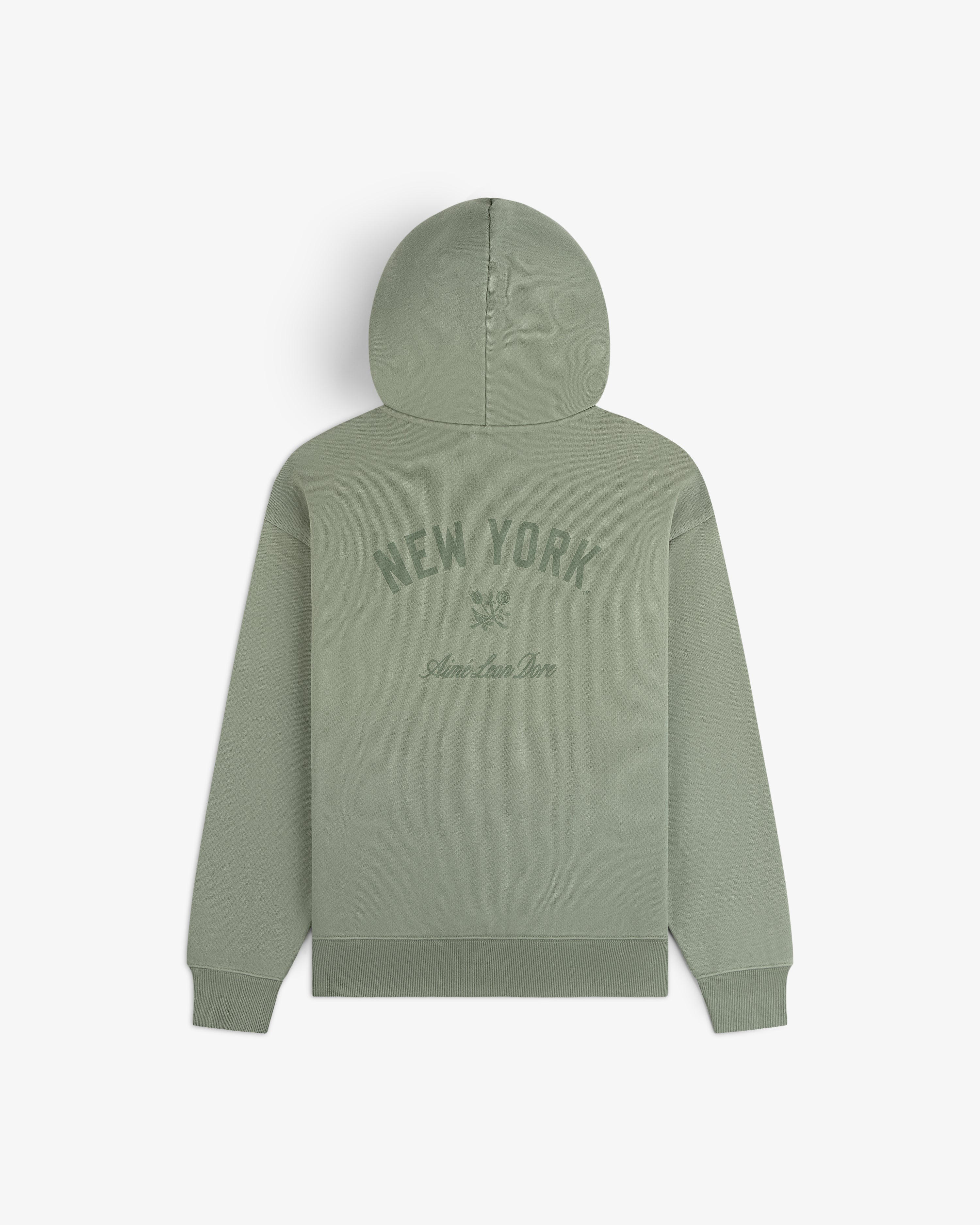 Yankees Washed Full-Zip Hoodie in sage green with NEW YORK and Ami de Coeur print, shown from the back.