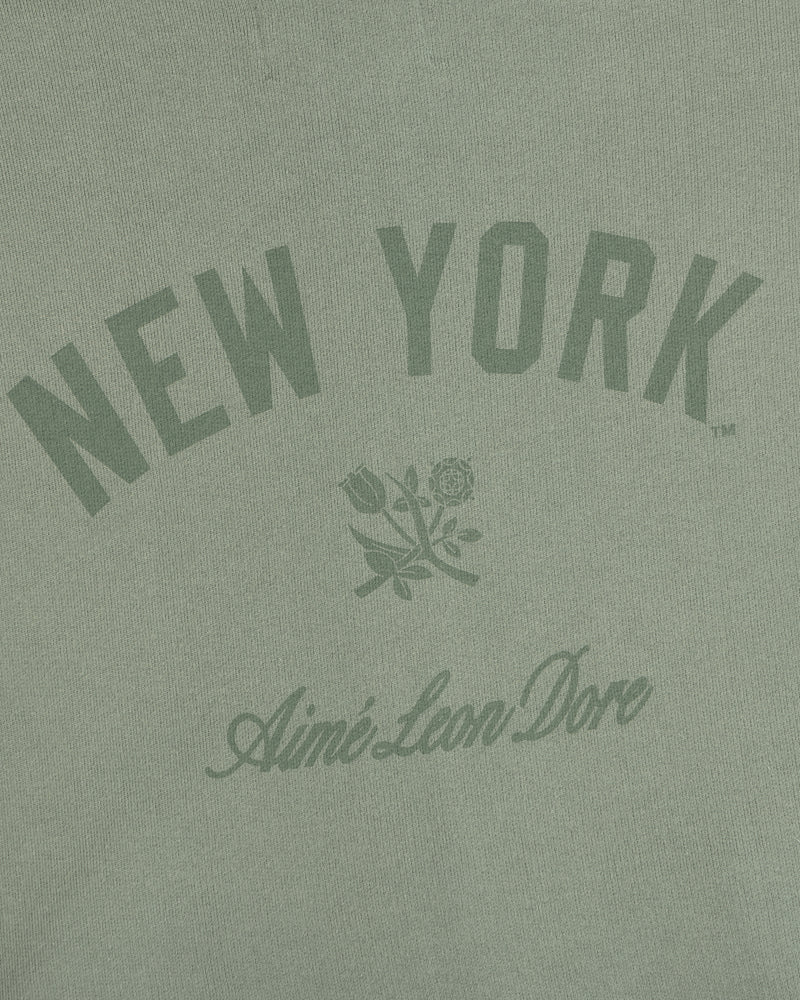 Green Yankees Washed Full-Zip Hoodie with NEW YORK arched above a rose and Aime Leon Dore below the graphic.
