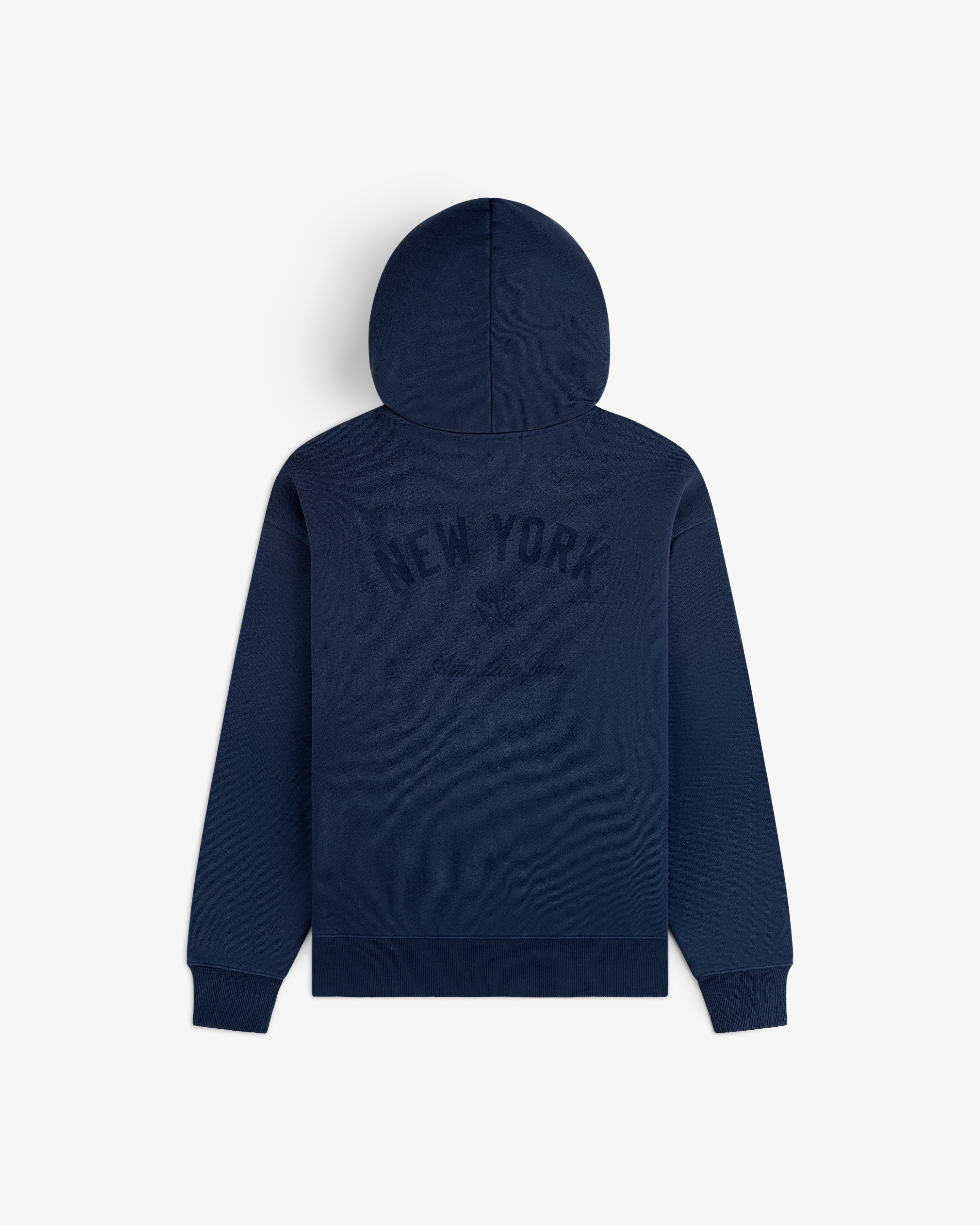 Yankees Washed Full-Zip Hoodie in navy, featuring NEW YORK and a small emblem on the back, shown on white.