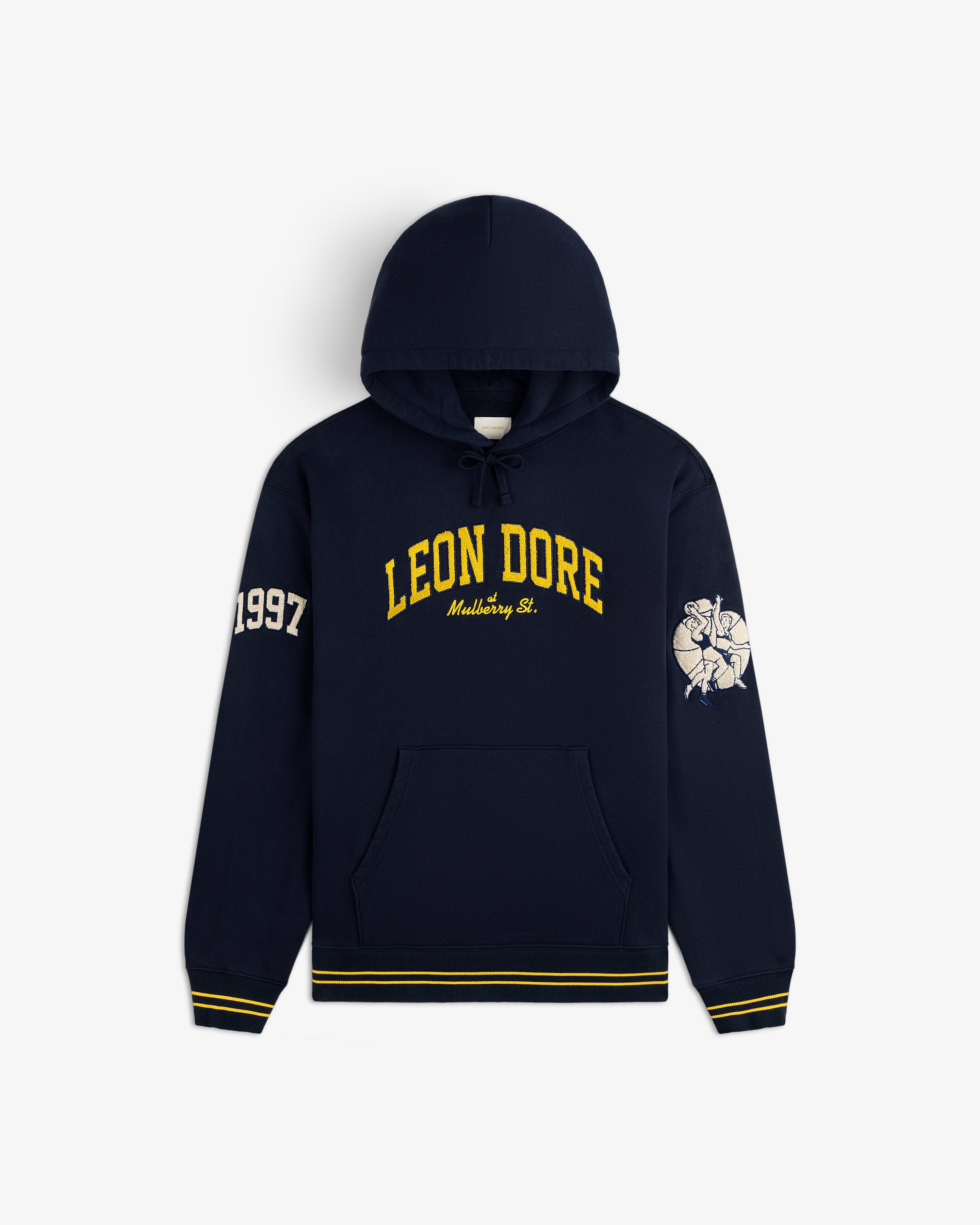 Mulberry Letterman Hoodie: navy, LEON DORE Mulberry St. text, yellow accents, 1997 sleeve, arm graphic.