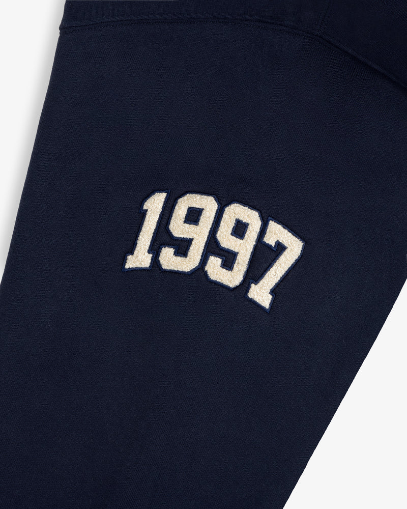 Mulberry Letterman Hoodie in navy with bold white 1997 varsity embroidery on the front.