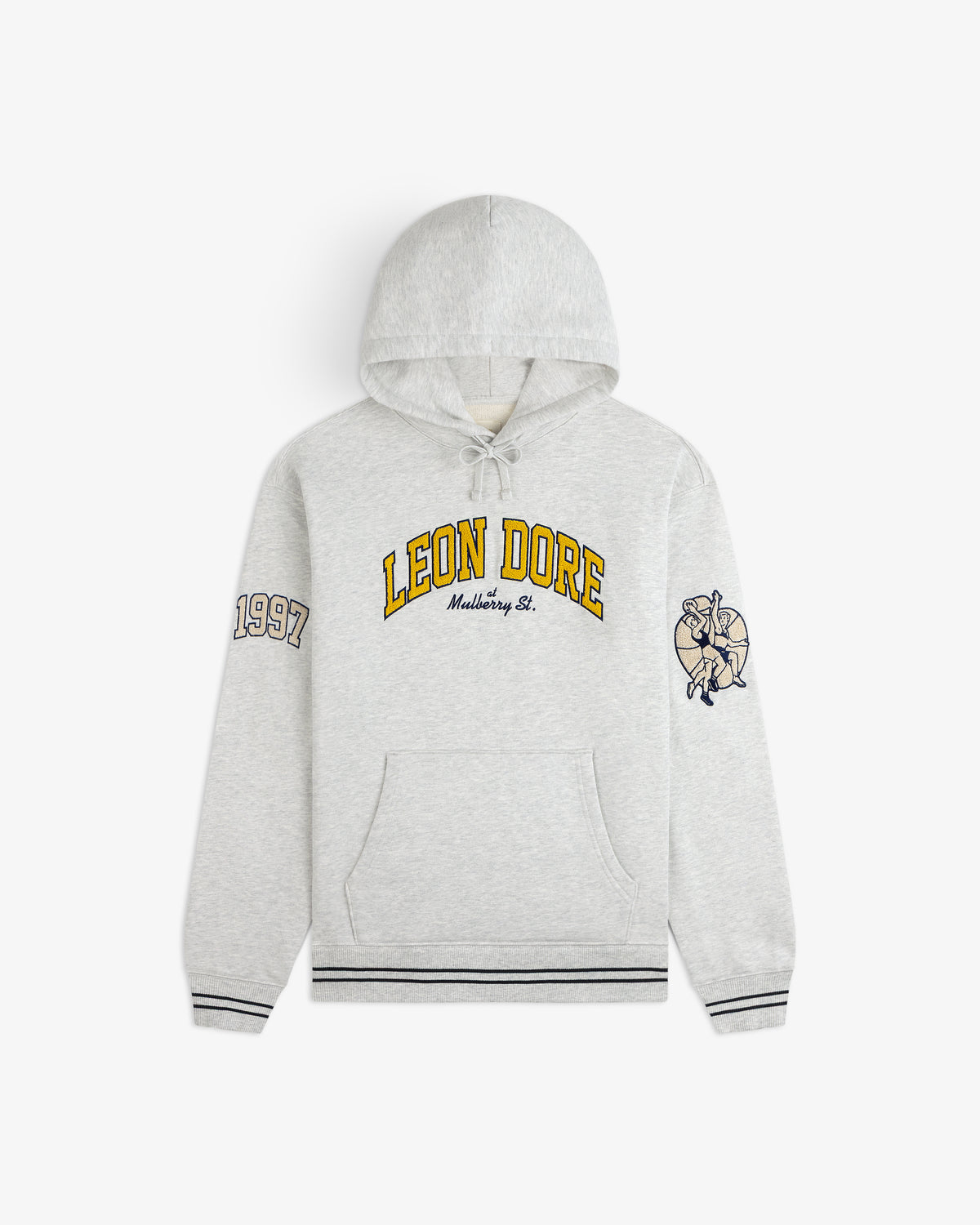 Mulberry Letterman Hoodie: Gray with LEON DORE text, ‘1997’ on one sleeve, and a graphic on the other.