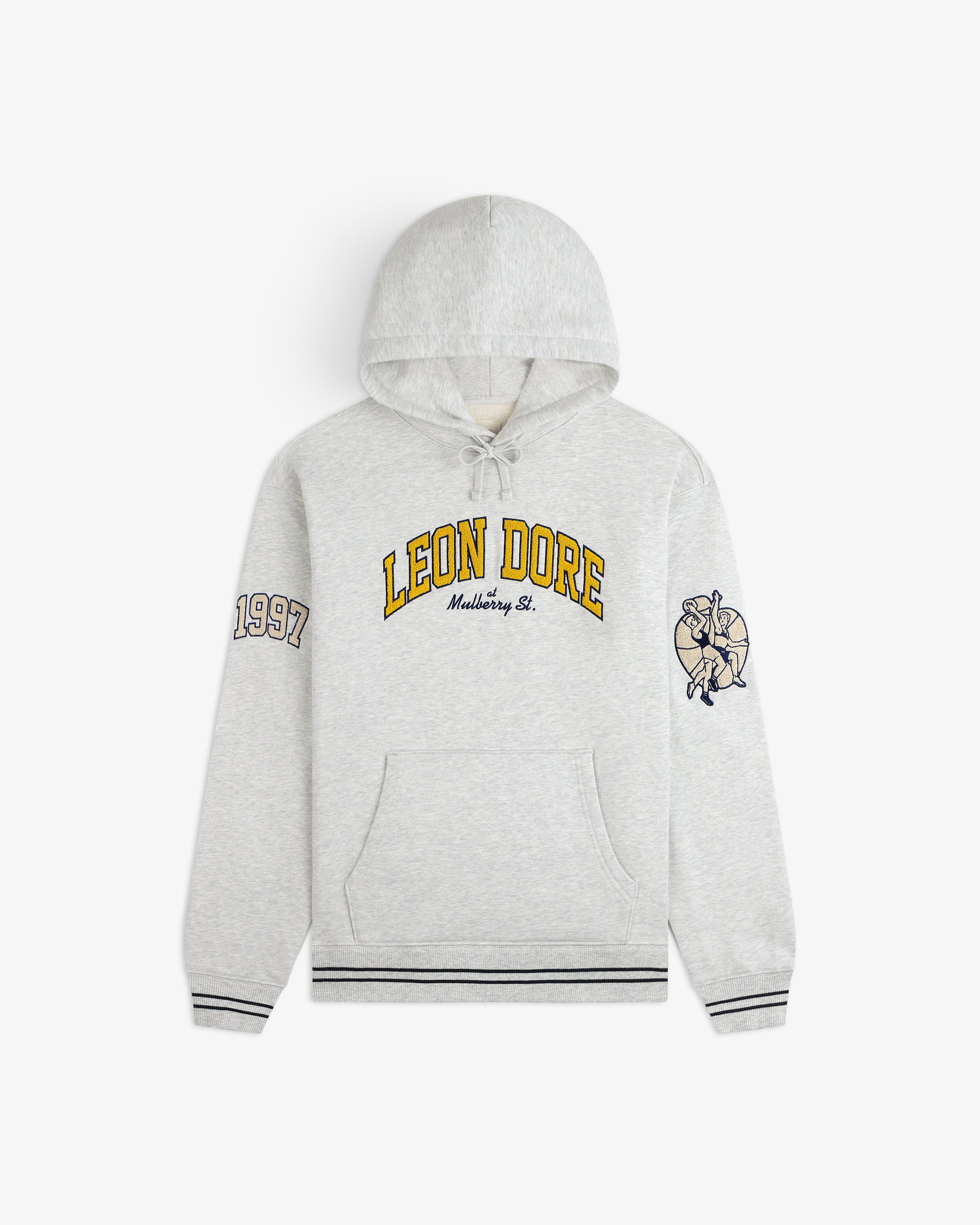 Mulberry Letterman Hoodie: Gray with LEON DORE text, ‘1997’ on one sleeve, and a graphic on the other.