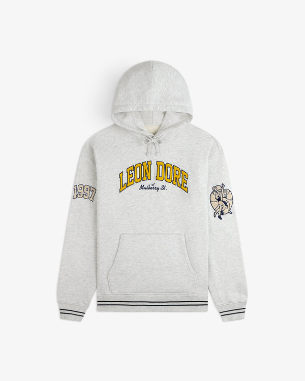 Mulberry Letterman Hoodie: Gray with LEON DORE text, ‘1997’ on one sleeve, and a graphic on the other.