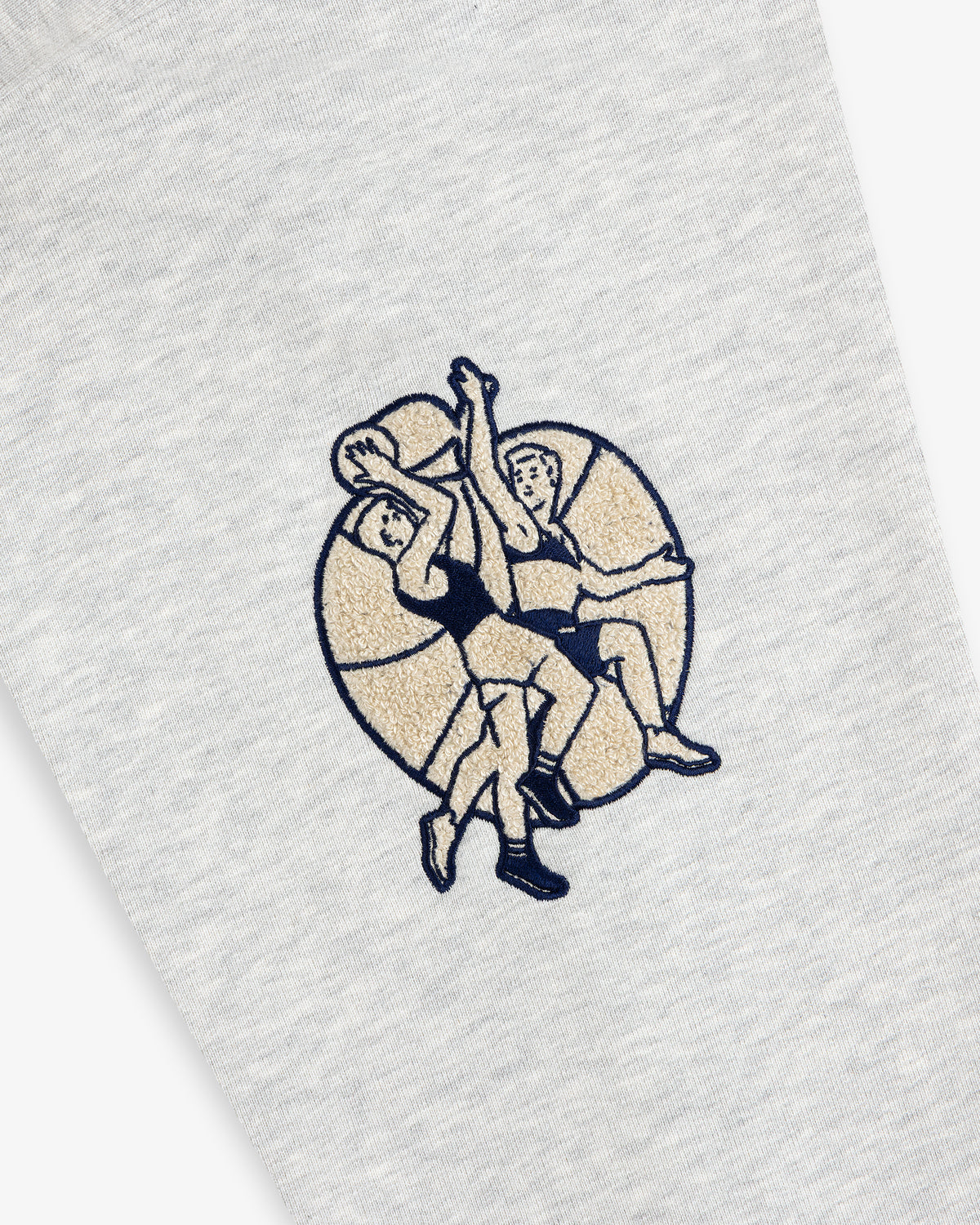 Two cartoon basketball players jump for a ball on a large basketball, printed on gray Mulberry Letterman Hoodie.