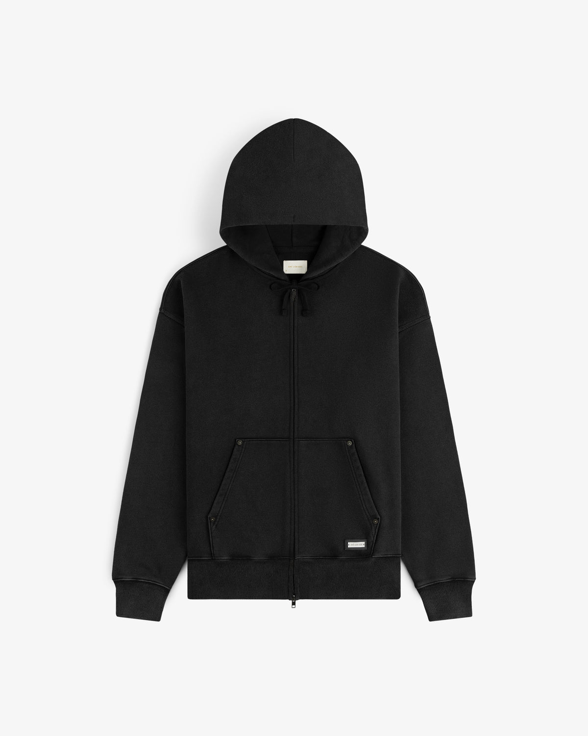 Black Washed Full Zip Hoodie with a front kangaroo pocket and drawstring hood.