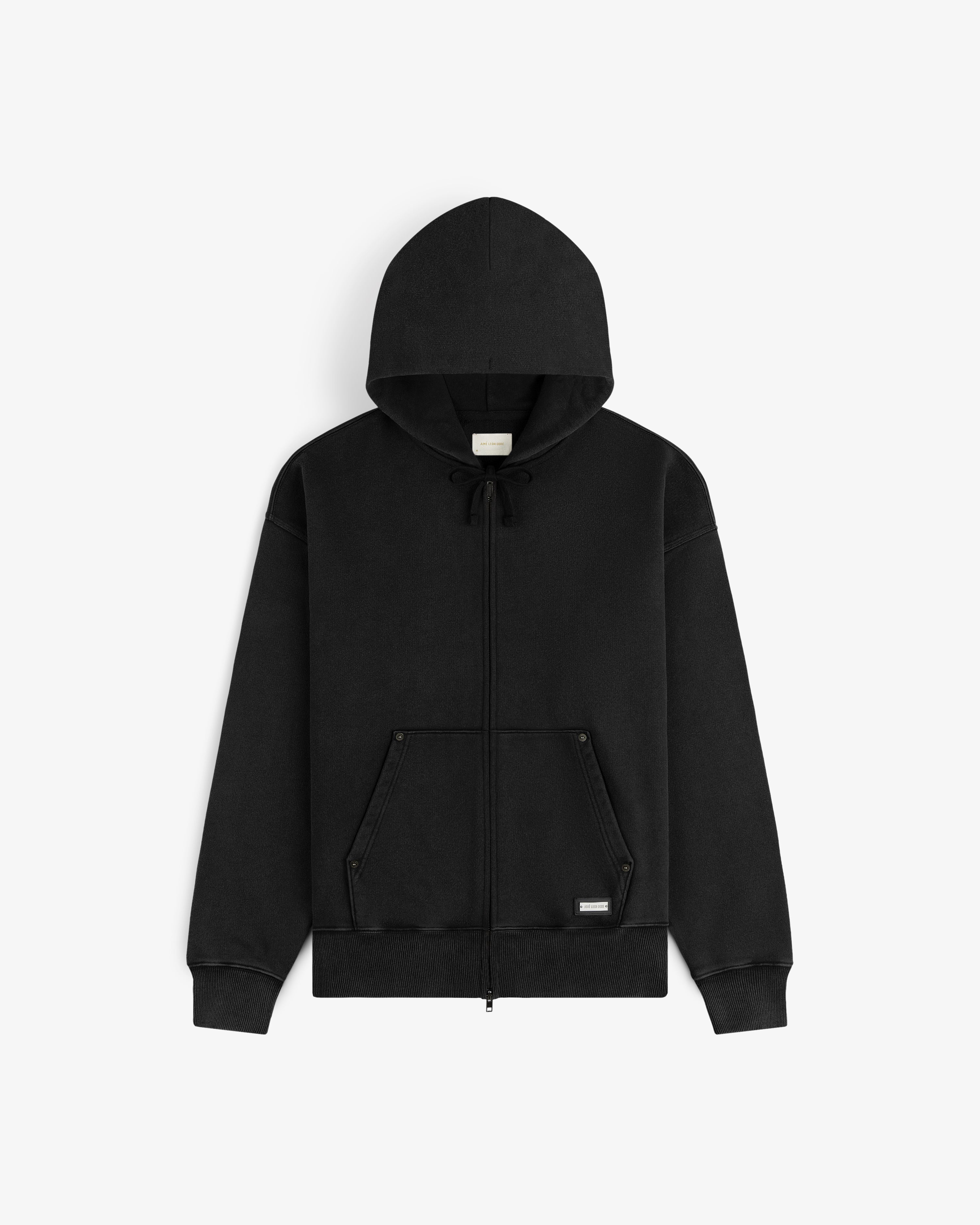 Black Washed Full Zip Hoodie with a front kangaroo pocket and drawstring hood.